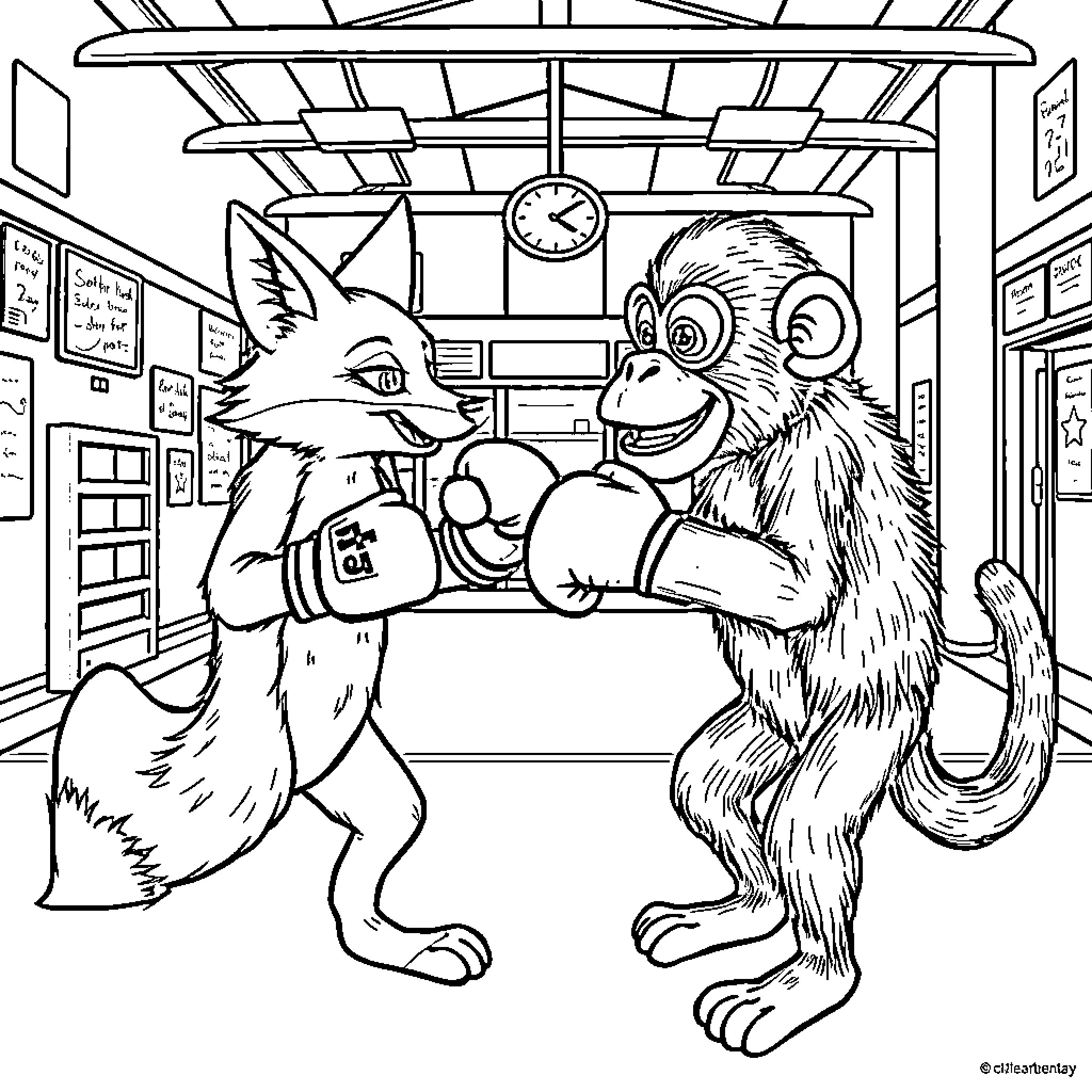 Fox and Monkey Boxing in Classroom Coloring Page (free black-and-white line drawing printable PDF for all, from beginners to advanced learners, including children, teens, adults, and seniors)