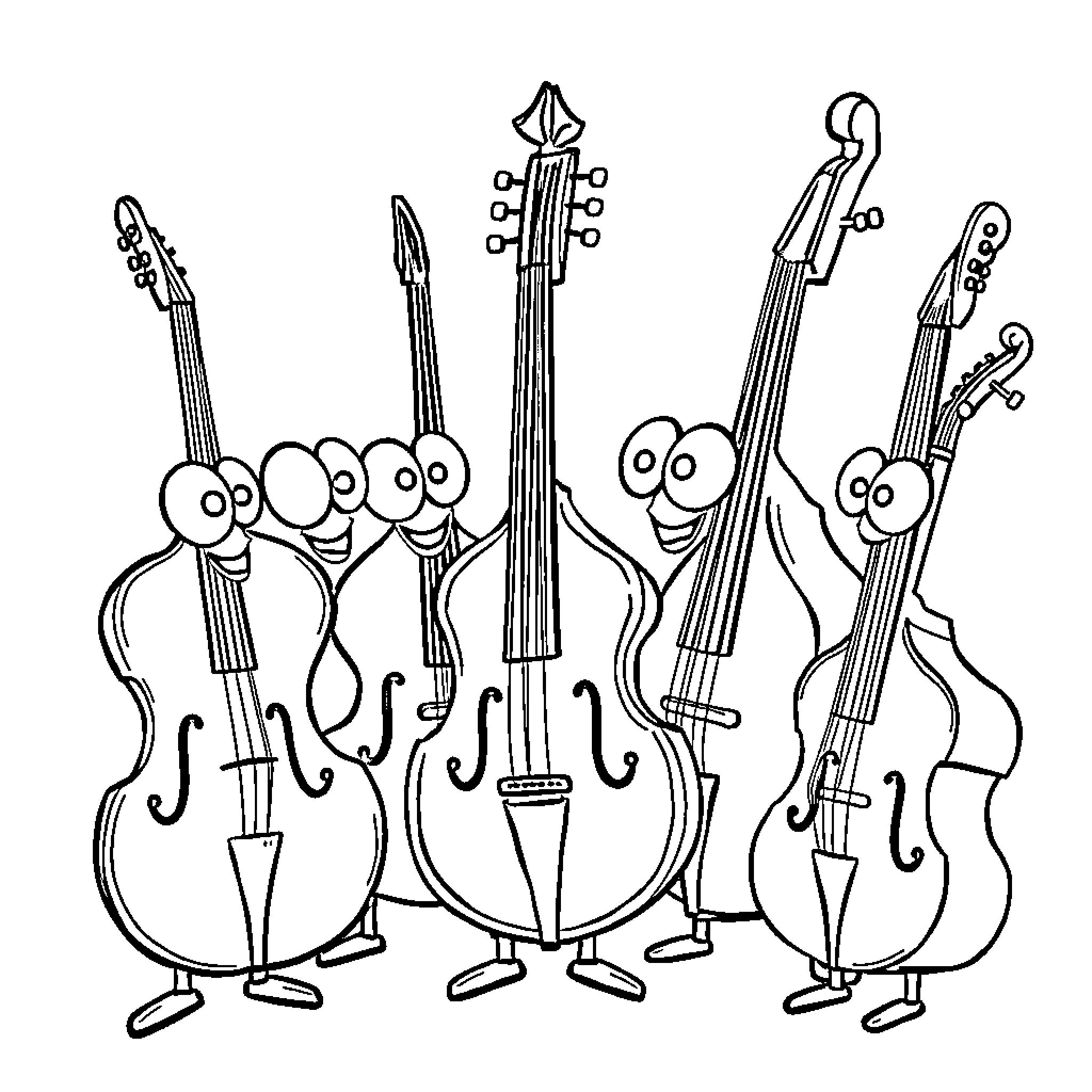 Music Instrument Cartoon Characters Performing Coloring Page (free black-and-white line drawing printable PDF for all, from beginners to advanced learners, including children, teens, adults, and seniors)