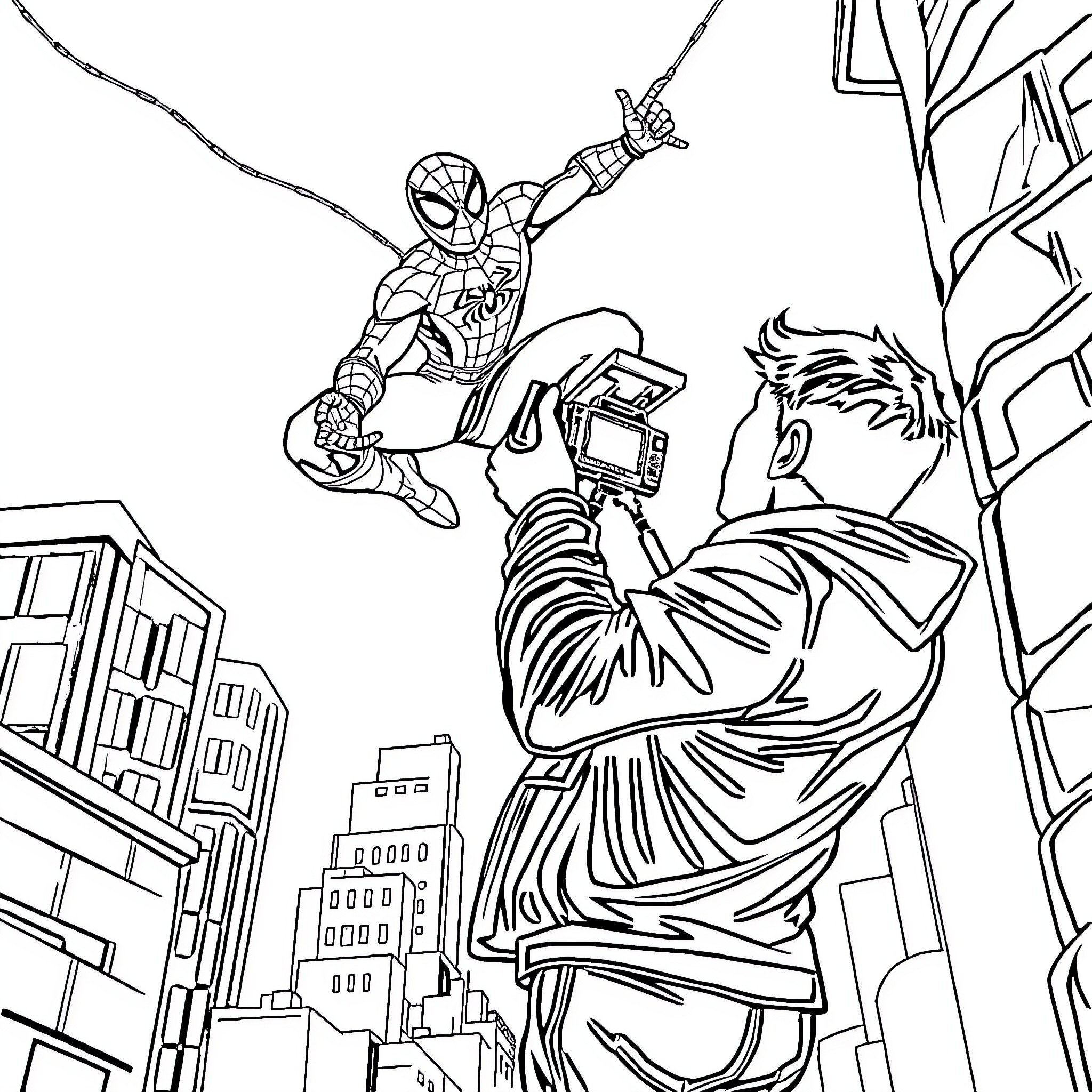 Cameraman capturing Superhero's daring urban stunts Coloring Page (free black-and-white line drawing printable PDF for all, from beginners to advanced learners, including children, teens, adults, and seniors)