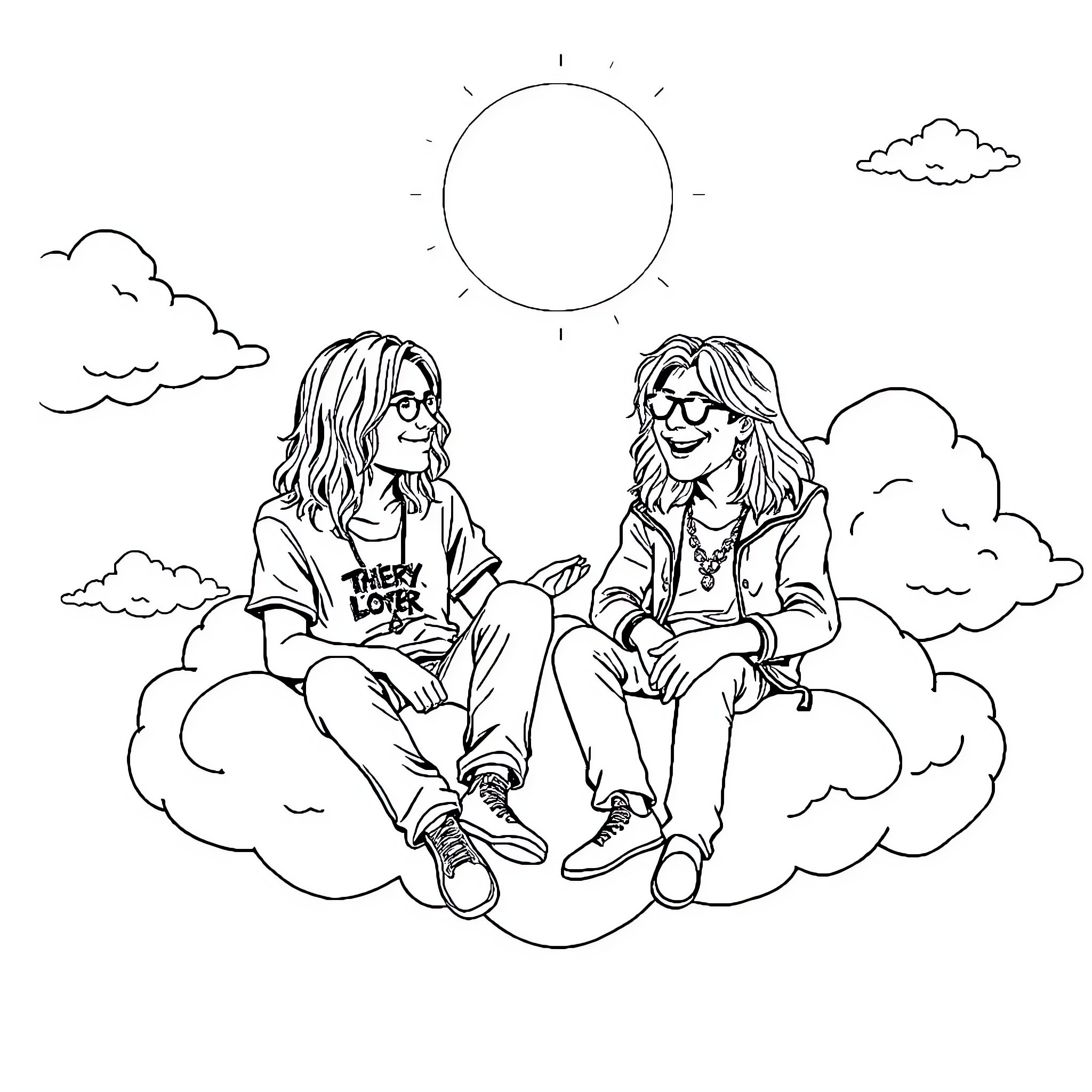 Kurt Cobain and friend relaxing on clouds Coloring Page (free black-and-white line drawing printable PDF for all, from beginners to advanced learners, including children, teens, adults, and seniors)