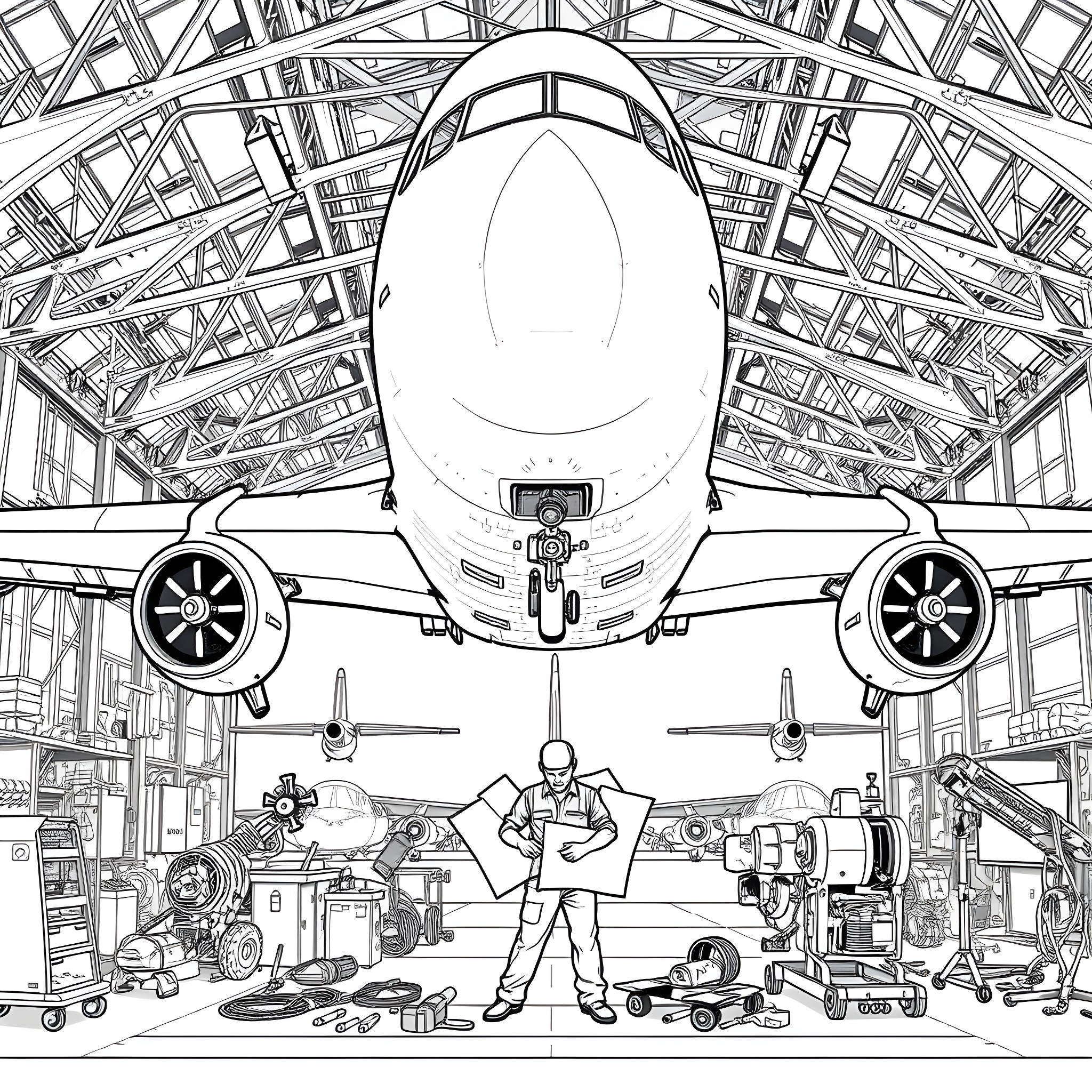 Airplane maintenance and repair in hangar Coloring Page (free black-and-white line drawing printable PDF for all, from beginners to advanced learners, including children, teens, adults, and seniors)