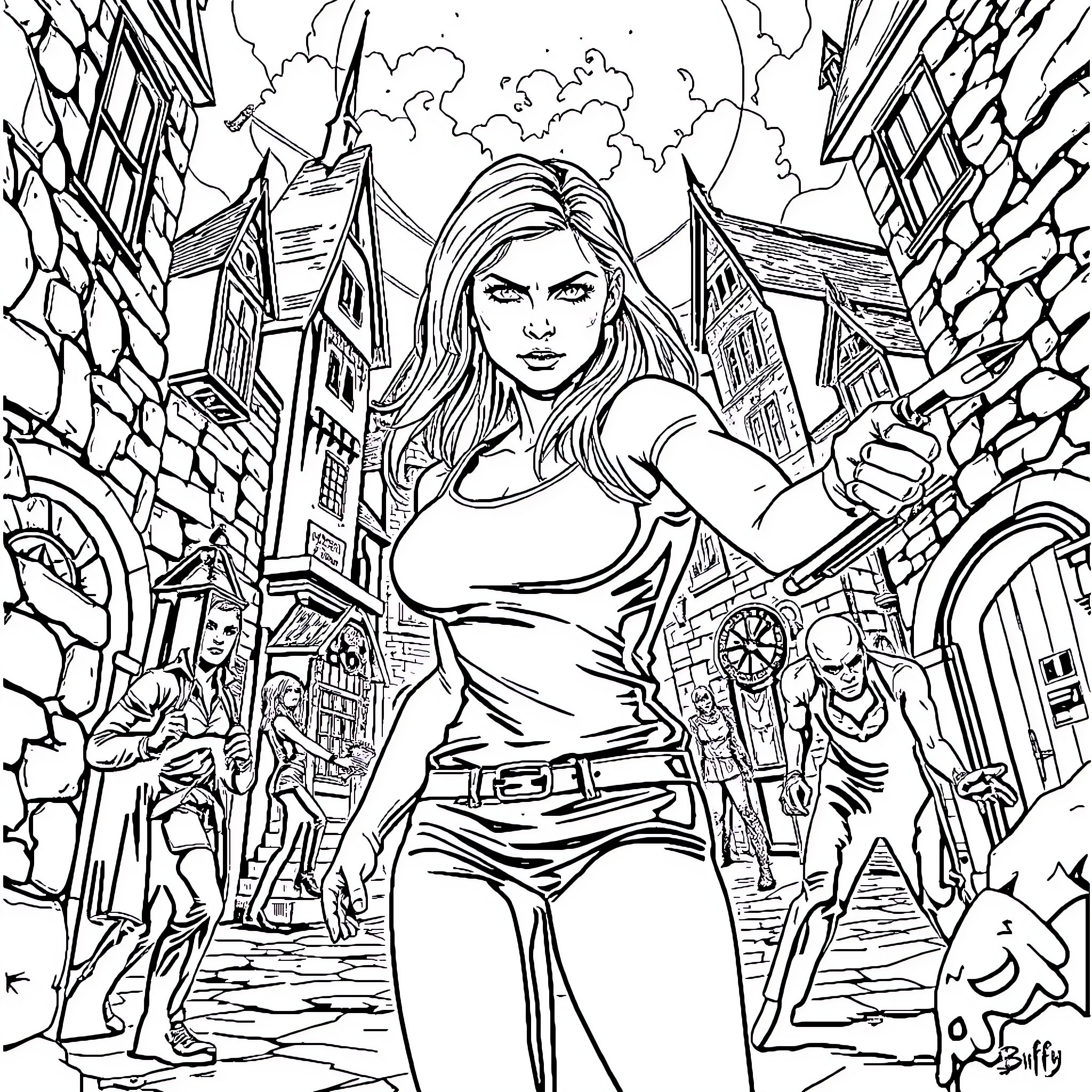 Buffy's Heroic Stance in the City Coloring Page (free black-and-white line drawing printable PDF for all, from beginners to advanced learners, including children, teens, adults, and seniors)