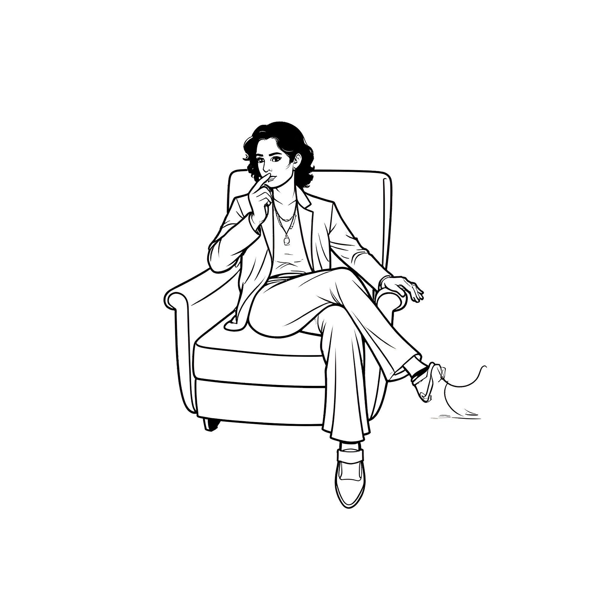 Charly Garcia sitting thoughtfully in a chair Coloring Page (free black-and-white line drawing printable PDF for all, from beginners to advanced learners, including children, teens, adults, and seniors)