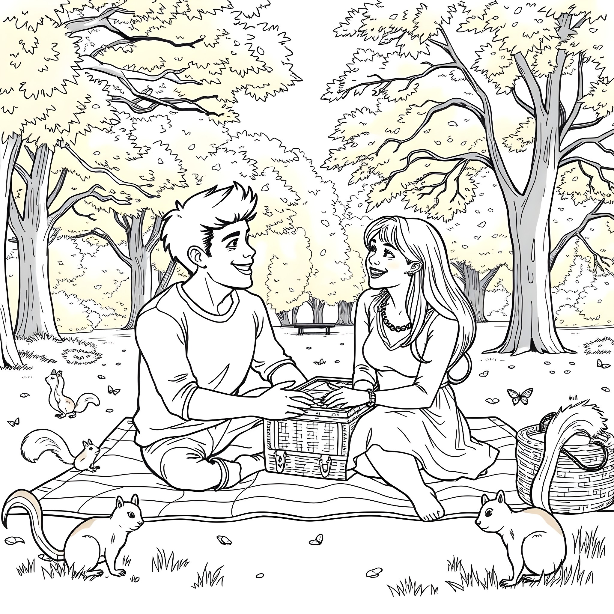 Jonathan and Lily's Peaceful Picnic in the Park Coloring Page (free black-and-white line drawing printable PDF for all, from beginners to advanced learners, including children, teens, adults, and seniors)