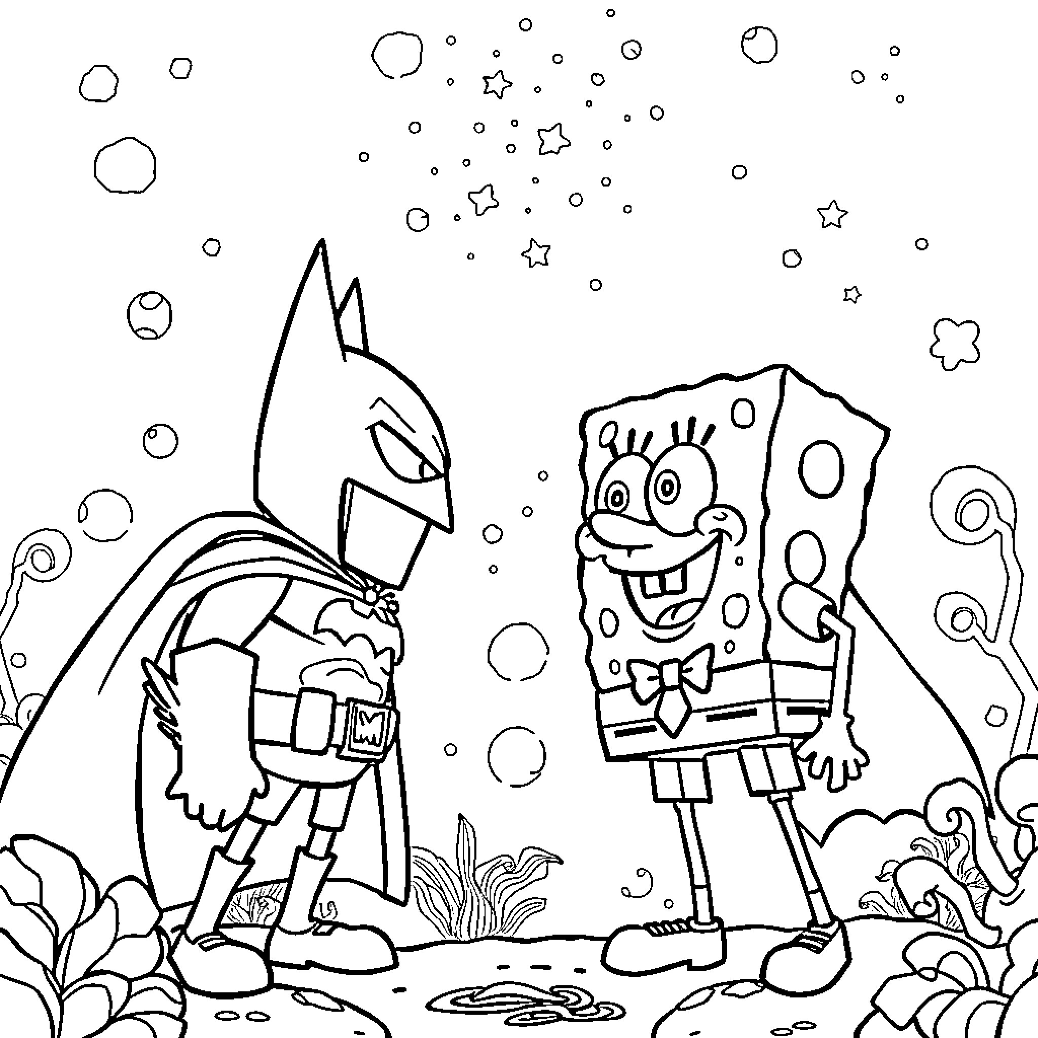 Batman and Spongebob's Underwater Adventure Coloring Page (free black-and-white line drawing printable PDF for all, from beginners to advanced learners, including children, teens, adults, and seniors)
