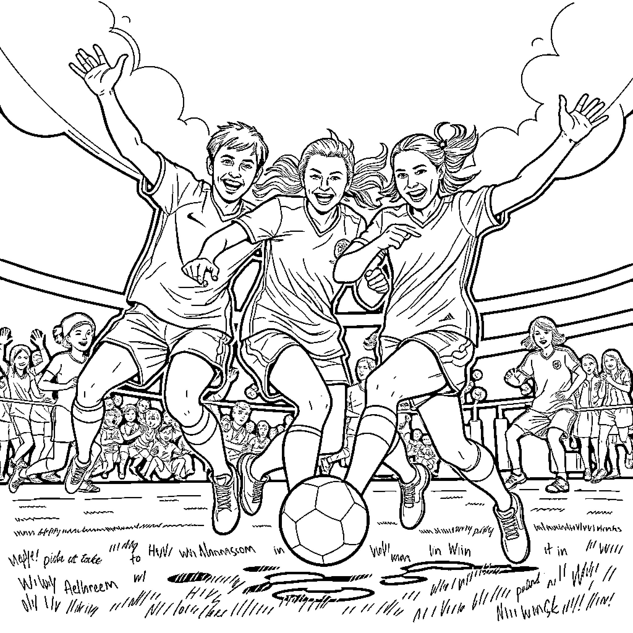 Soccer players celebrating on the field Coloring Page (free black-and-white line drawing printable PDF for all, from beginners to advanced learners, including children, teens, adults, and seniors)