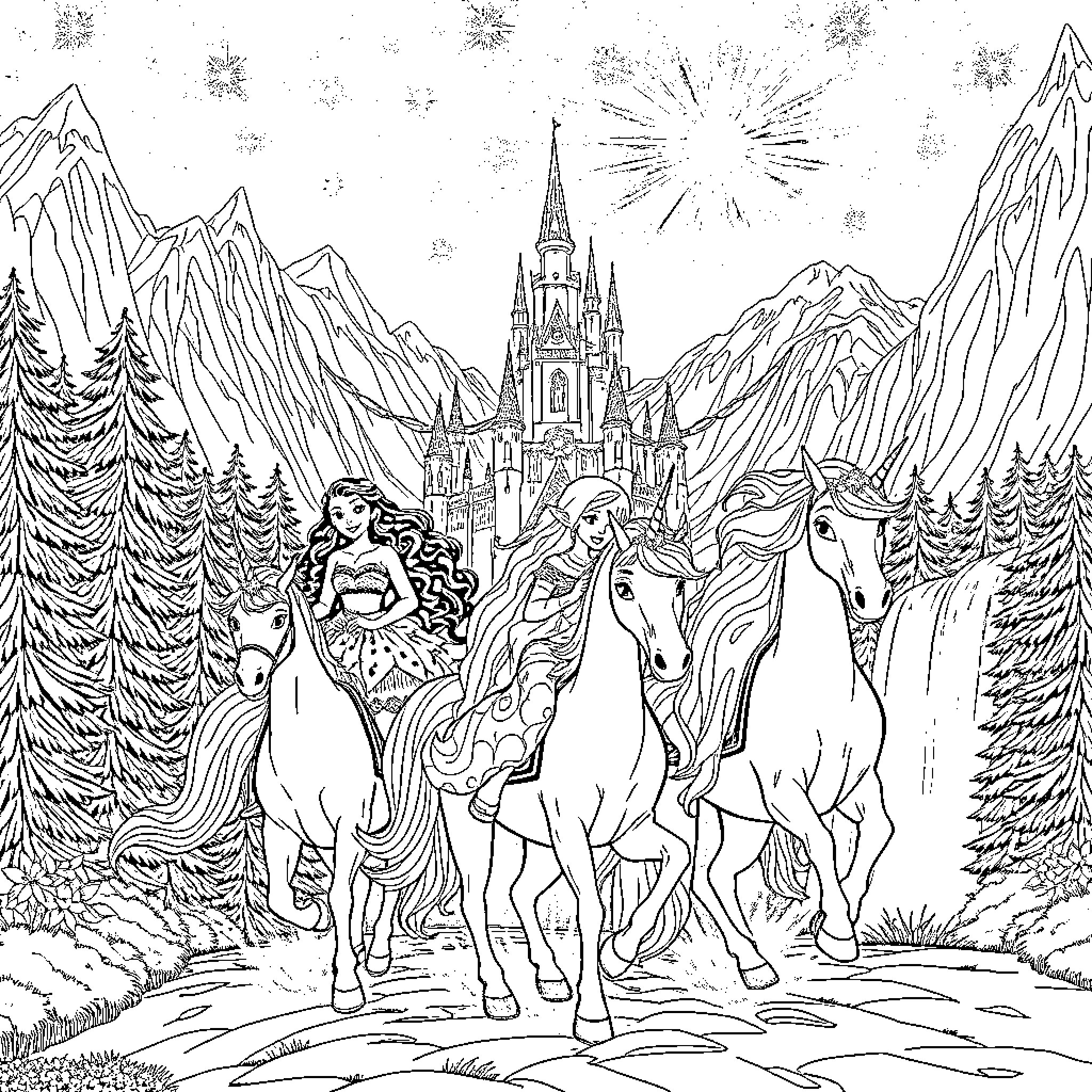 Unicorn Fantasy Adventure in Enchanted Kingdom Coloring Page (free black-and-white line drawing printable PDF for all, from beginners to advanced learners, including children, teens, adults, and seniors)