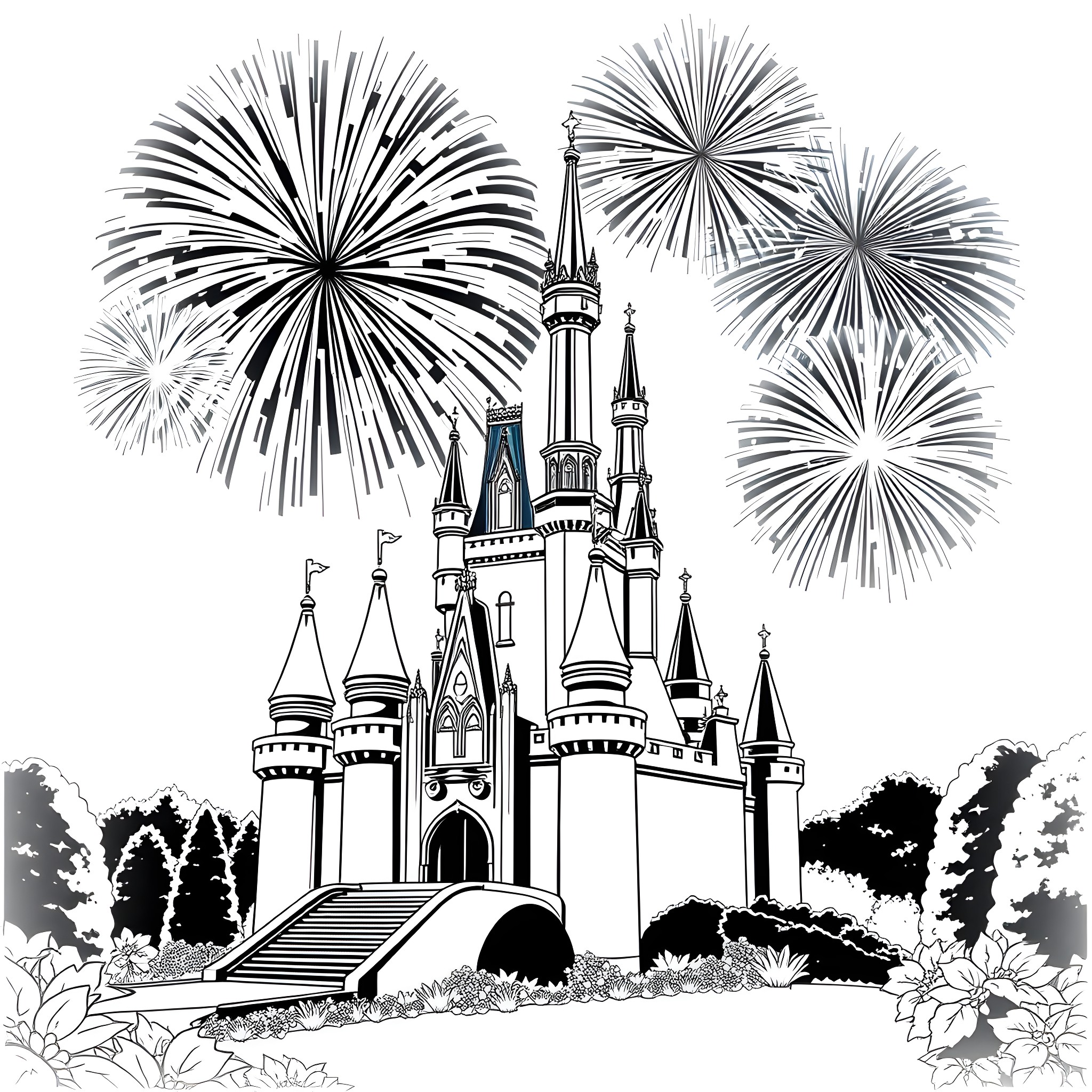 Castle with fireworks display Coloring Page (free black-and-white line drawing printable PDF for all, from beginners to advanced learners, including children, teens, adults, and seniors)