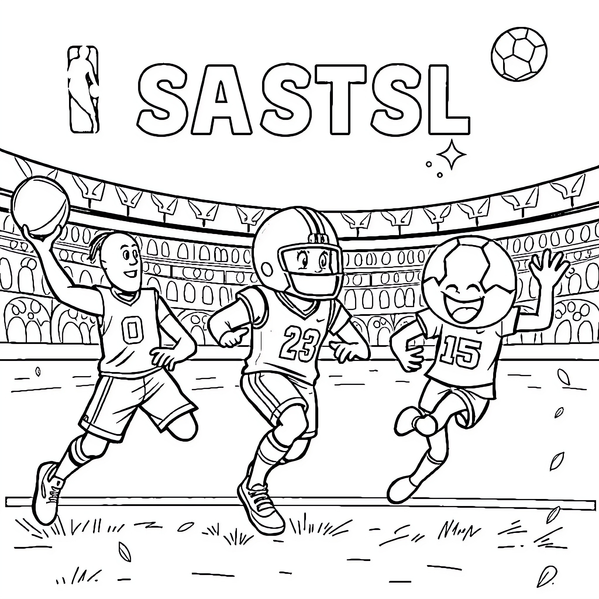 Sports players running on field with soccer ball Coloring Page (free black-and-white line drawing printable PDF for all, from beginners to advanced learners, including children, teens, adults, and seniors)