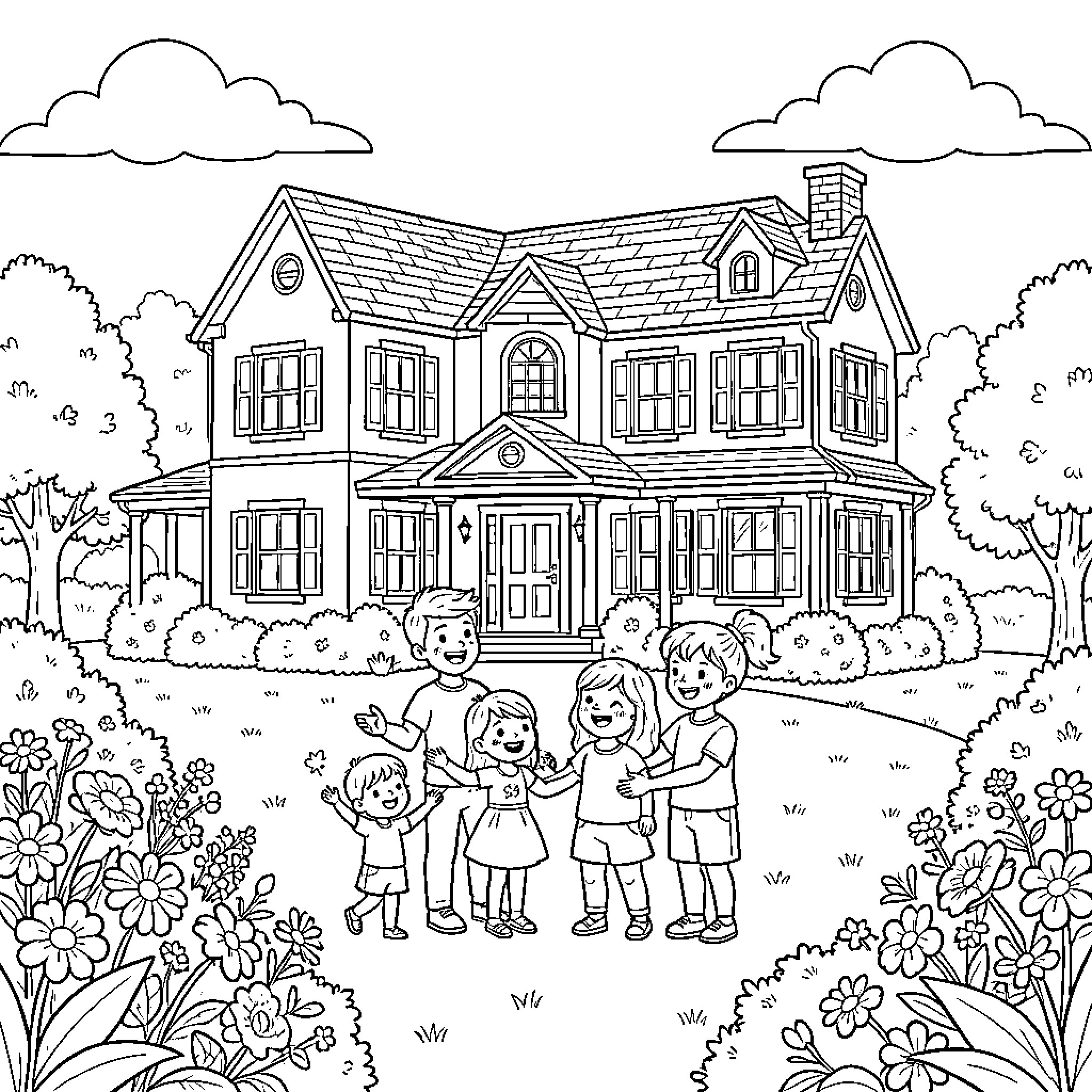 Family Enjoying a Summer Day in the Yard Coloring Page (free black-and-white line drawing printable PDF for all, from beginners to advanced learners, including children, teens, adults, and seniors)