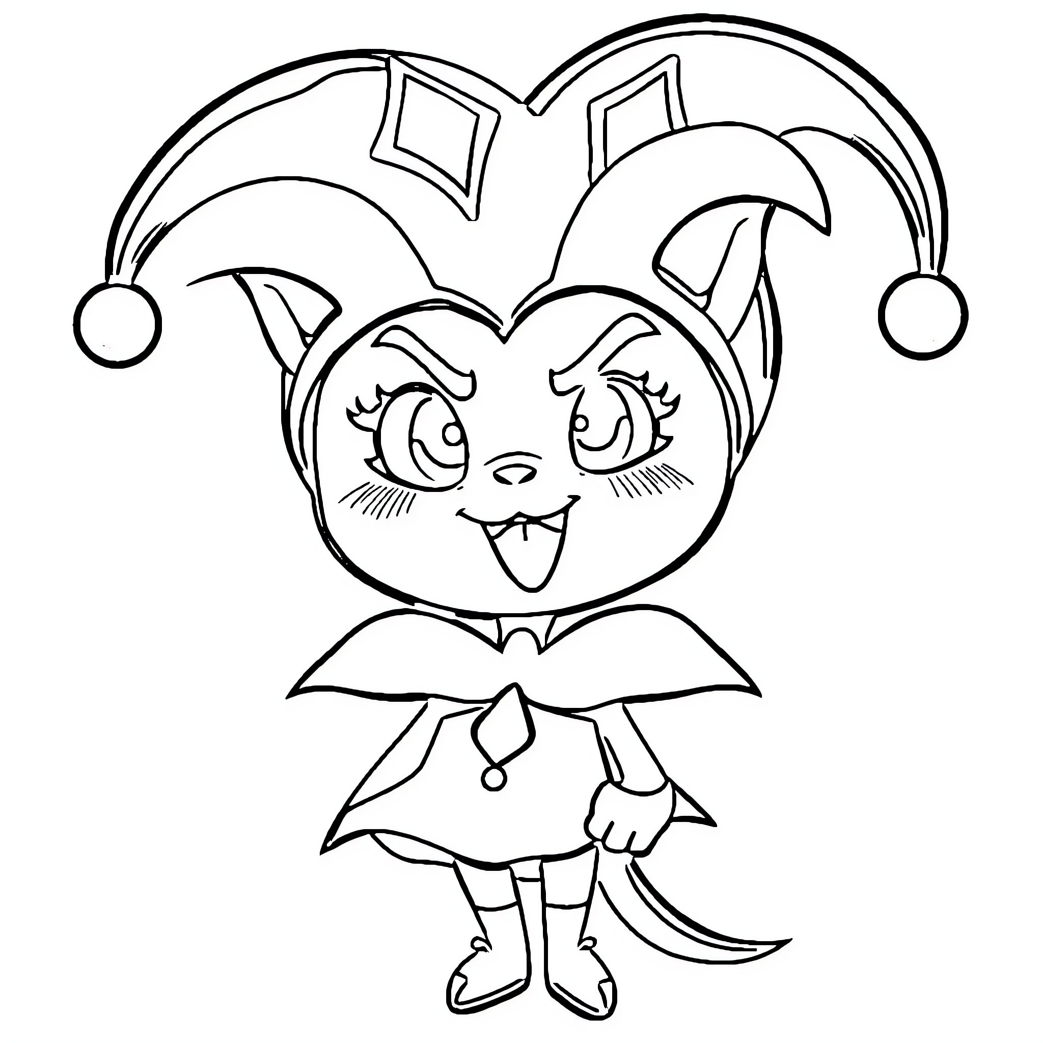 Kuromi's Whimsical Jester Attire Coloring Page (free black-and-white line drawing printable PDF for all, from beginners to advanced learners, including children, teens, adults, and seniors)