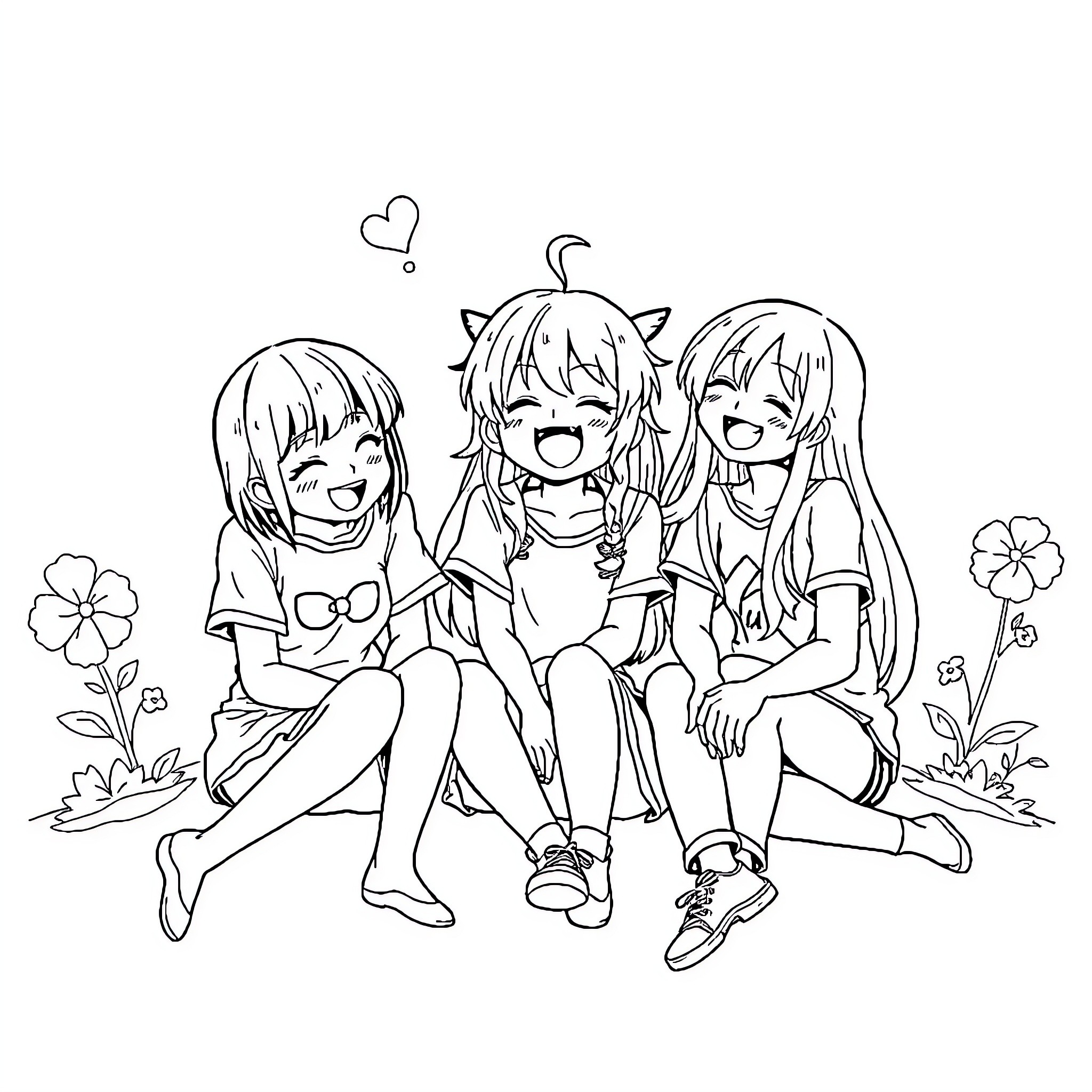 Kuromi and Friends Having Fun Together Coloring Page (free black-and-white line drawing printable PDF for all, from beginners to advanced learners, including children, teens, adults, and seniors)