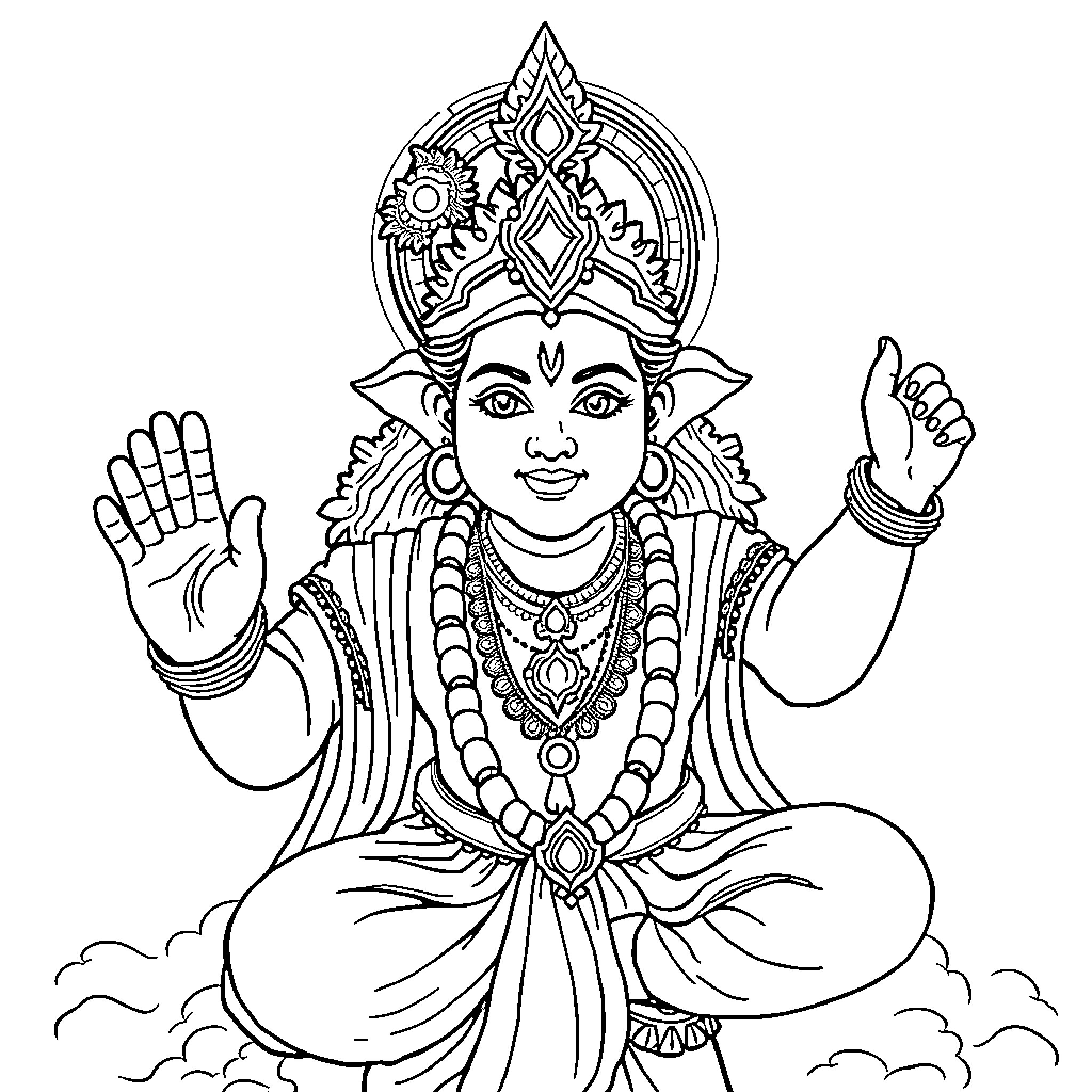 Krishna blessing devotees with gestures of protection and blessings Coloring Page (free black-and-white line drawing printable PDF for all, from beginners to advanced learners, including children, teens, adults, and seniors)