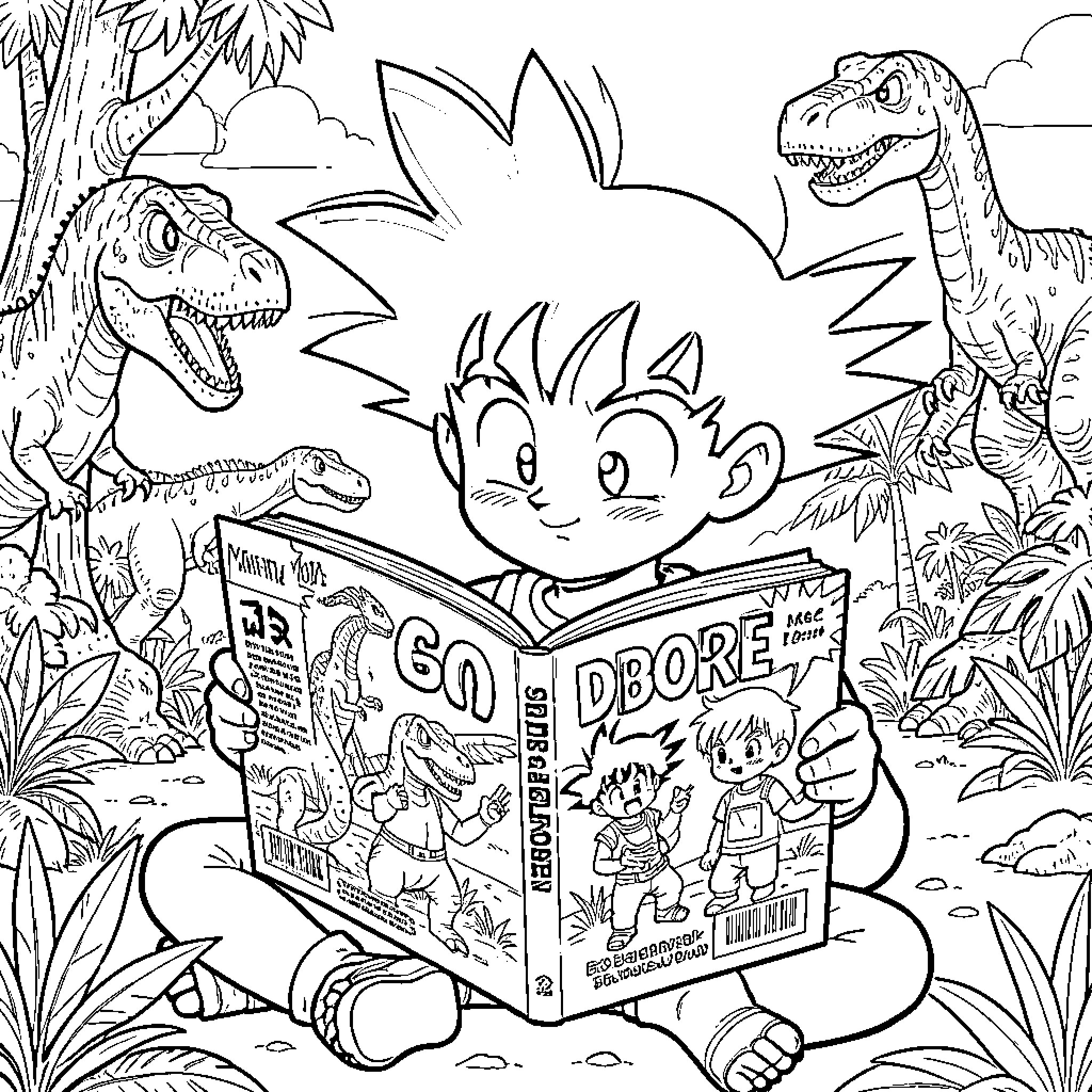 Dinosaur watching a young boy reading a book Coloring Page (free black-and-white line drawing printable PDF for all, from beginners to advanced learners, including children, teens, adults, and seniors)