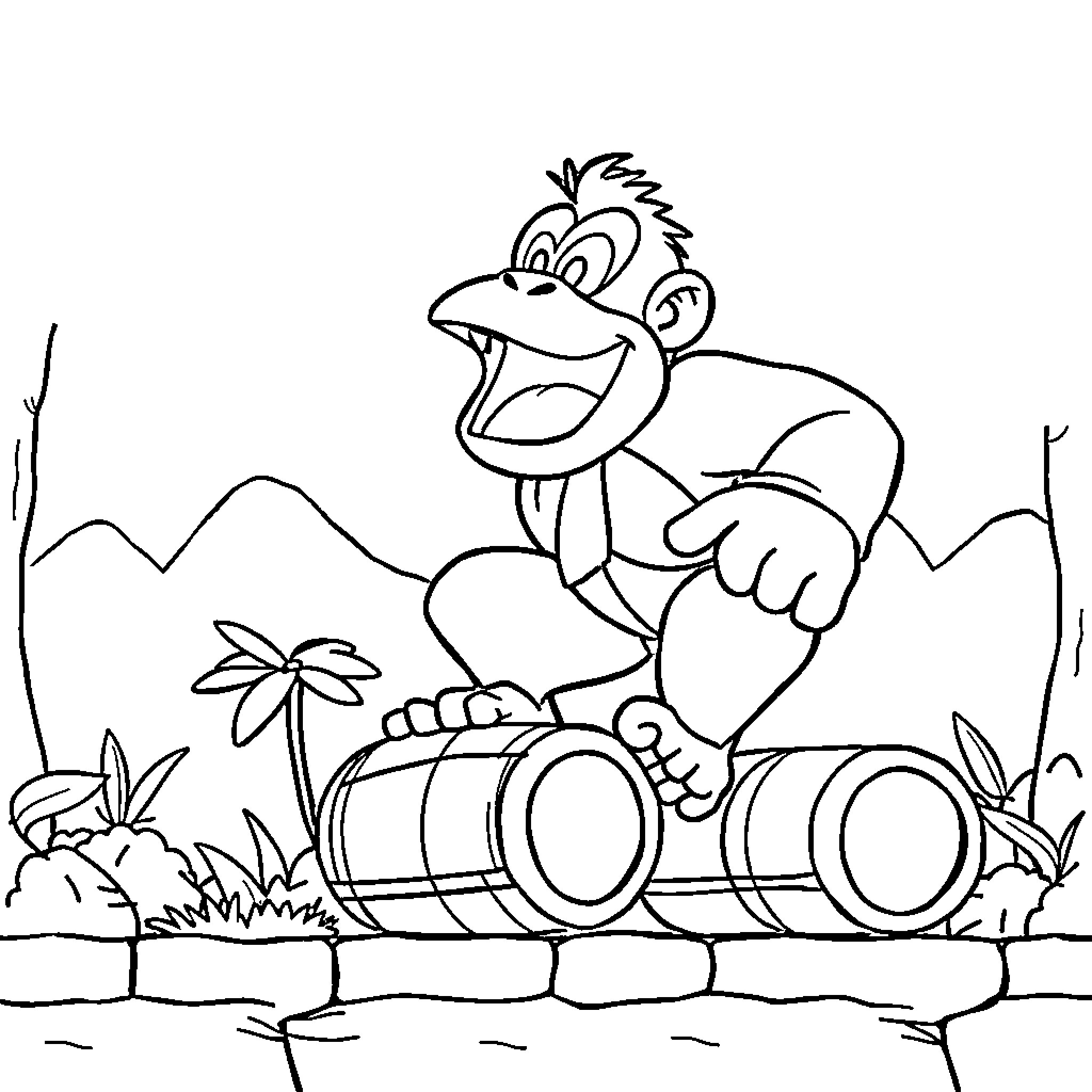 Donkey Kong riding a barrel through the jungle Coloring Page (free black-and-white line drawing printable PDF for all, from beginners to advanced learners, including children, teens, adults, and seniors)