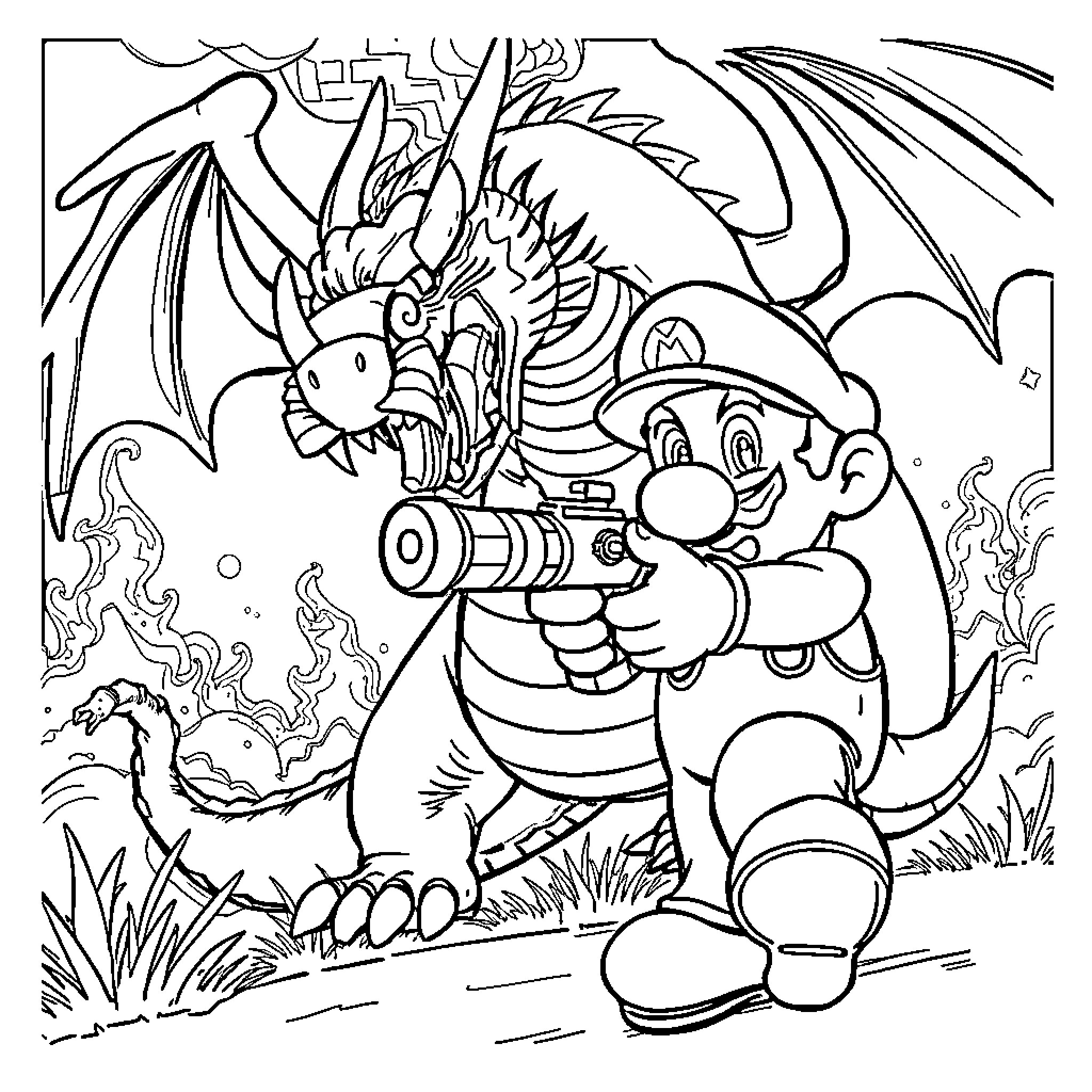 Mario's Daring Adventure with a Fierce Dragon Coloring Page (free black-and-white line drawing printable PDF for all, from beginners to advanced learners, including children, teens, adults, and seniors)