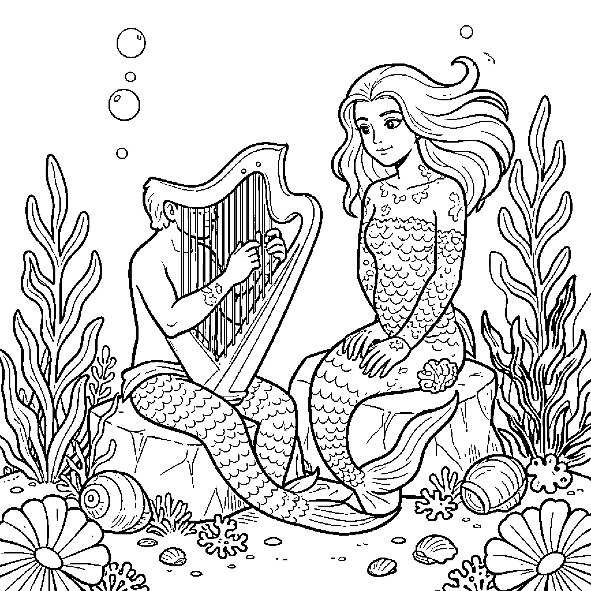 Sireno playing harp beside a mermaid underwater Coloring Page (free black-and-white line drawing printable PDF for all, from beginners to advanced learners, including children, teens, adults, and seniors)