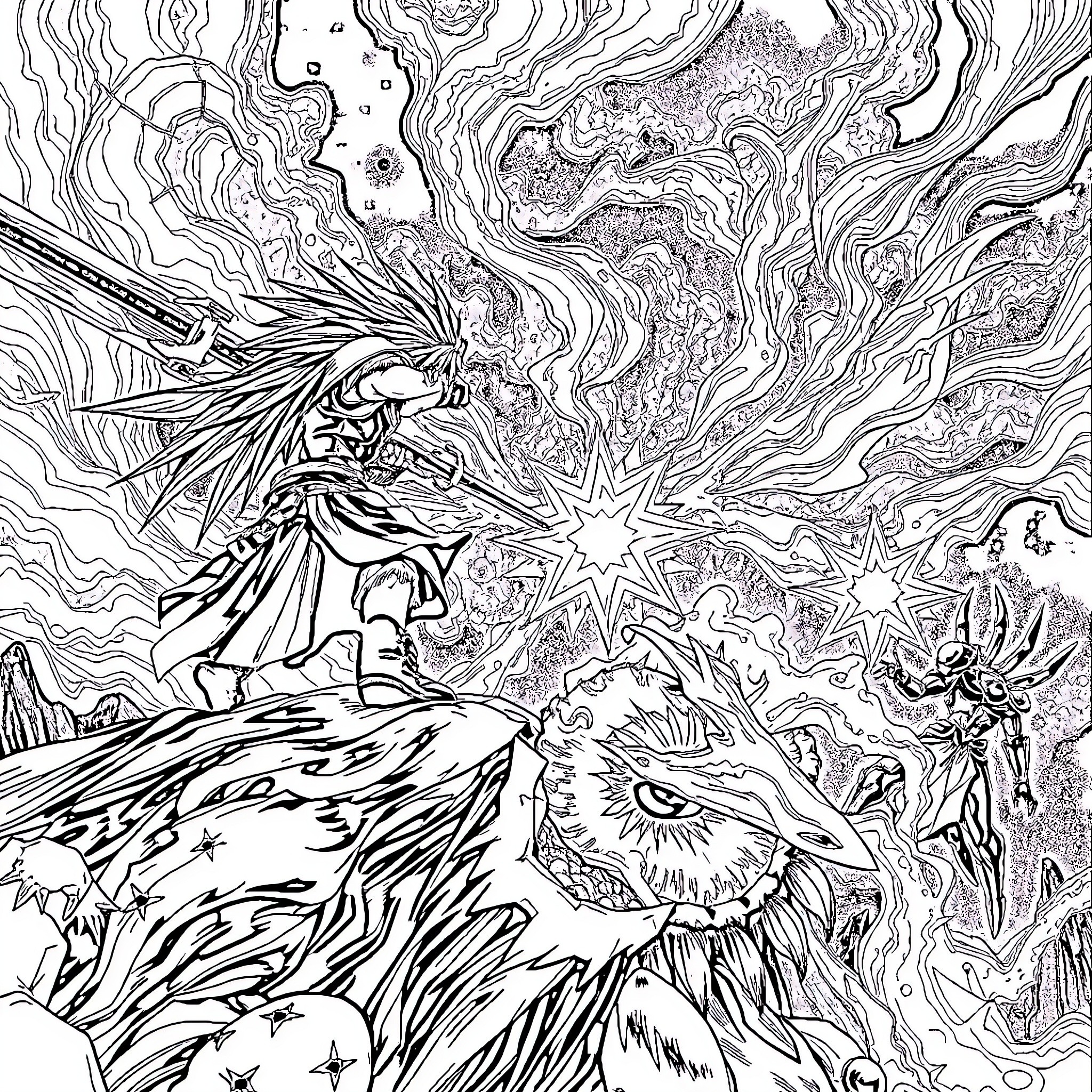 Cloud Strife's Cosmic Journey through Surreal Landscapes Coloring Page (free black-and-white line drawing printable PDF for all, from beginners to advanced learners, including children, teens, adults, and seniors)