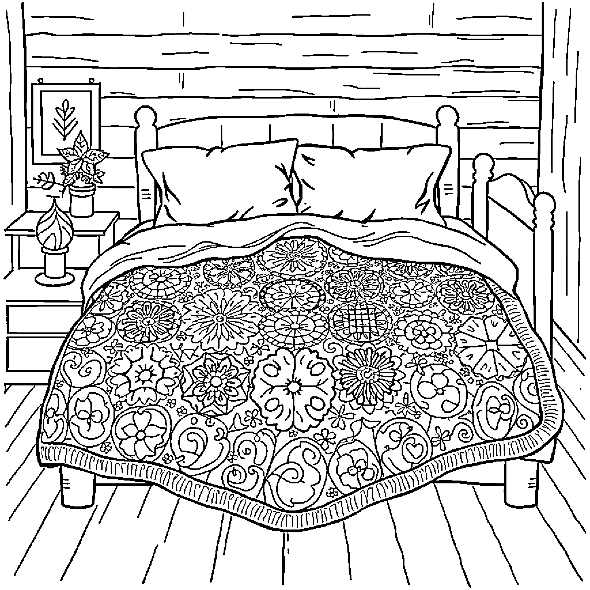 Quilt with intricate floral patterns on a cozy bed Coloring Page (free black-and-white line drawing printable PDF for all, from beginners to advanced learners, including children, teens, adults, and seniors)