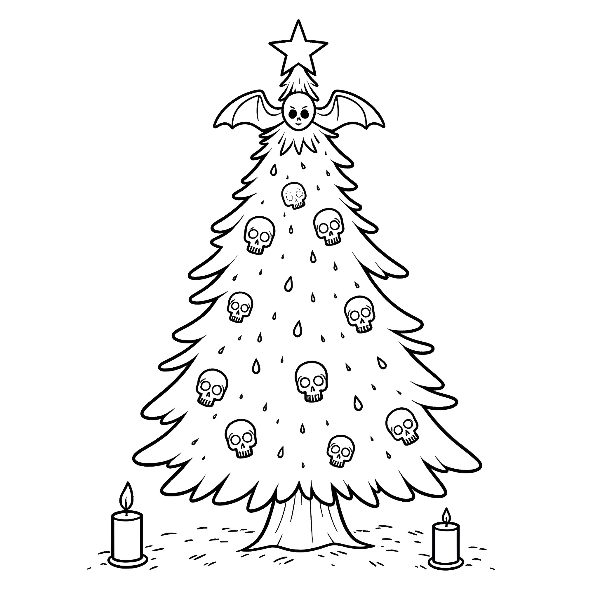 Christmas Tree with Spooky Decorations Coloring Page (free black-and-white line drawing printable PDF for all, from beginners to advanced learners, including children, teens, adults, and seniors)
