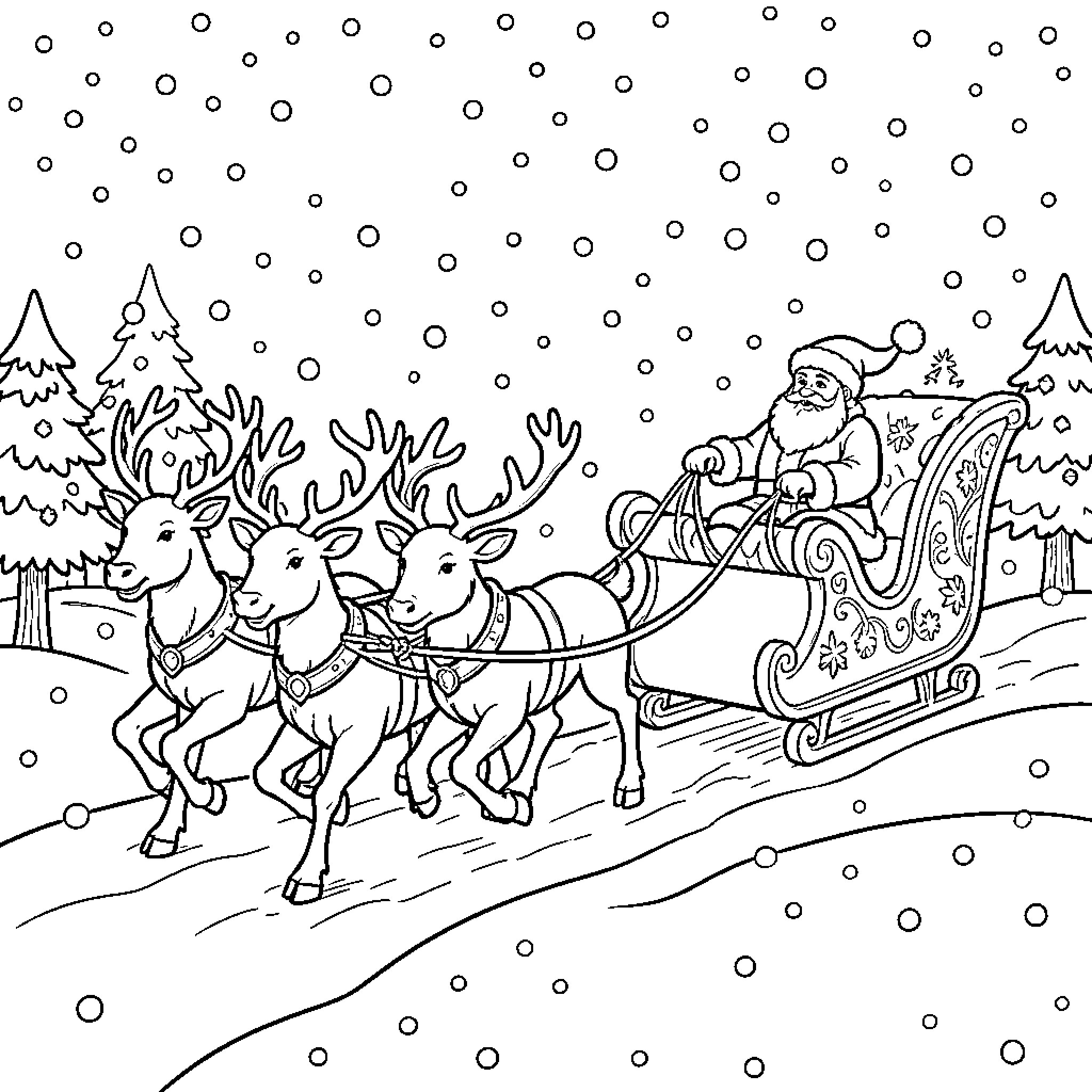 Père Noël driving a reindeer-led sleigh through snow Coloring Page (free black-and-white line drawing printable PDF for all, from beginners to advanced learners, including children, teens, adults, and seniors)