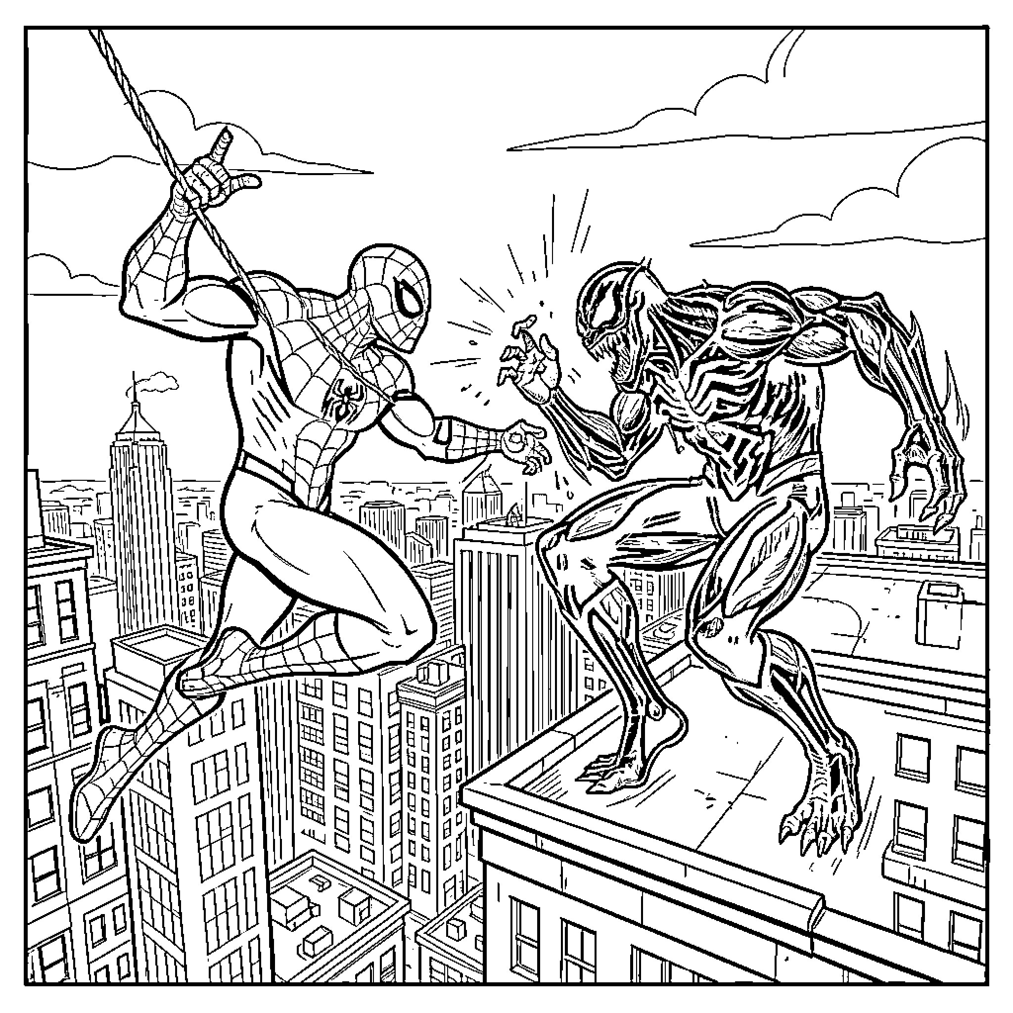 Spider-Man battles menacing creature on rooftops Coloring Page (free black-and-white line drawing printable PDF for all, from beginners to advanced learners, including children, teens, adults, and seniors)