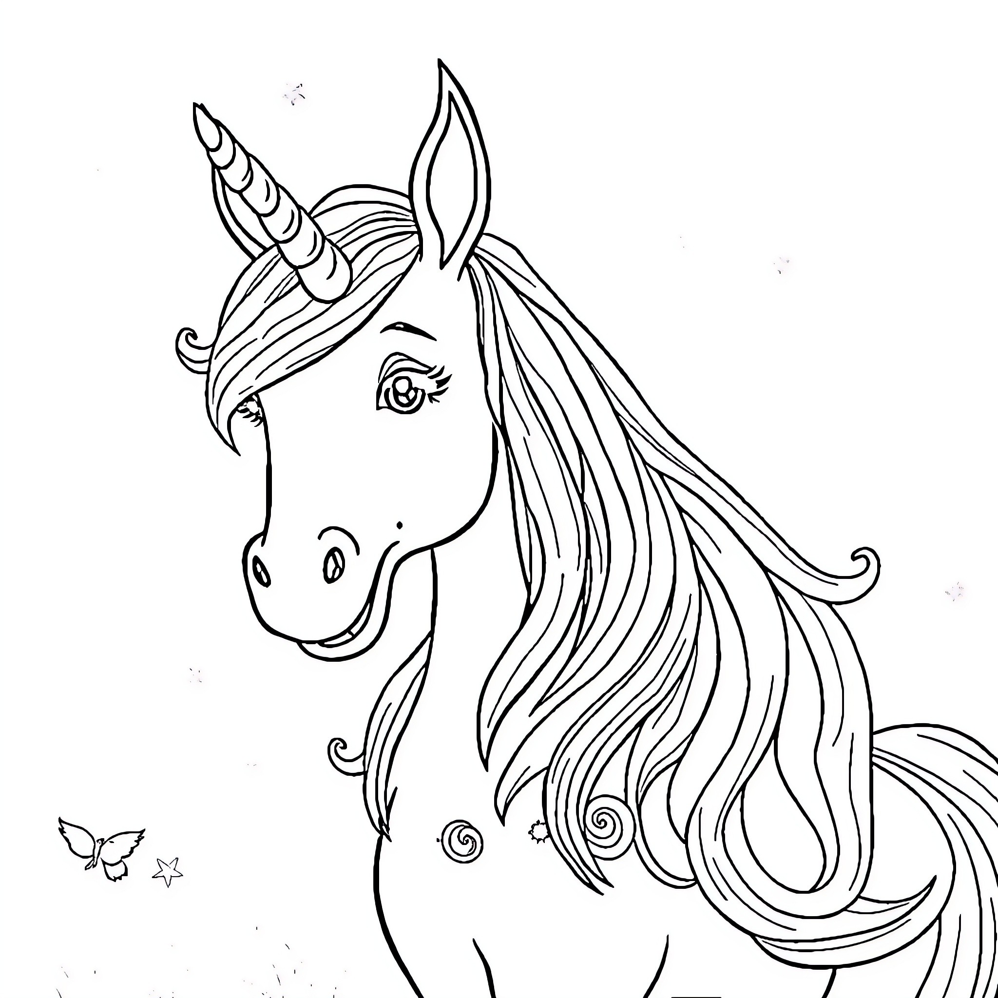 Elf unicorn with flowing mane and whimsical details Coloring Page (free black-and-white line drawing printable PDF for all, from beginners to advanced learners, including children, teens, adults, and seniors)