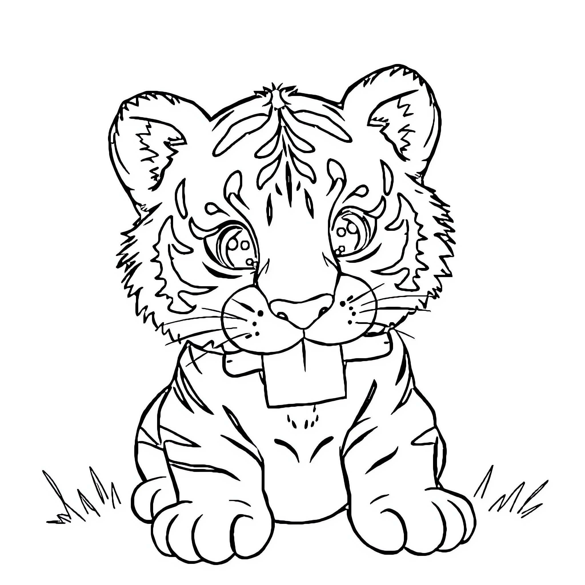 Tiger cub sitting in the grass Coloring Page (free black-and-white line drawing printable PDF for all, from beginners to advanced learners, including children, teens, adults, and seniors)