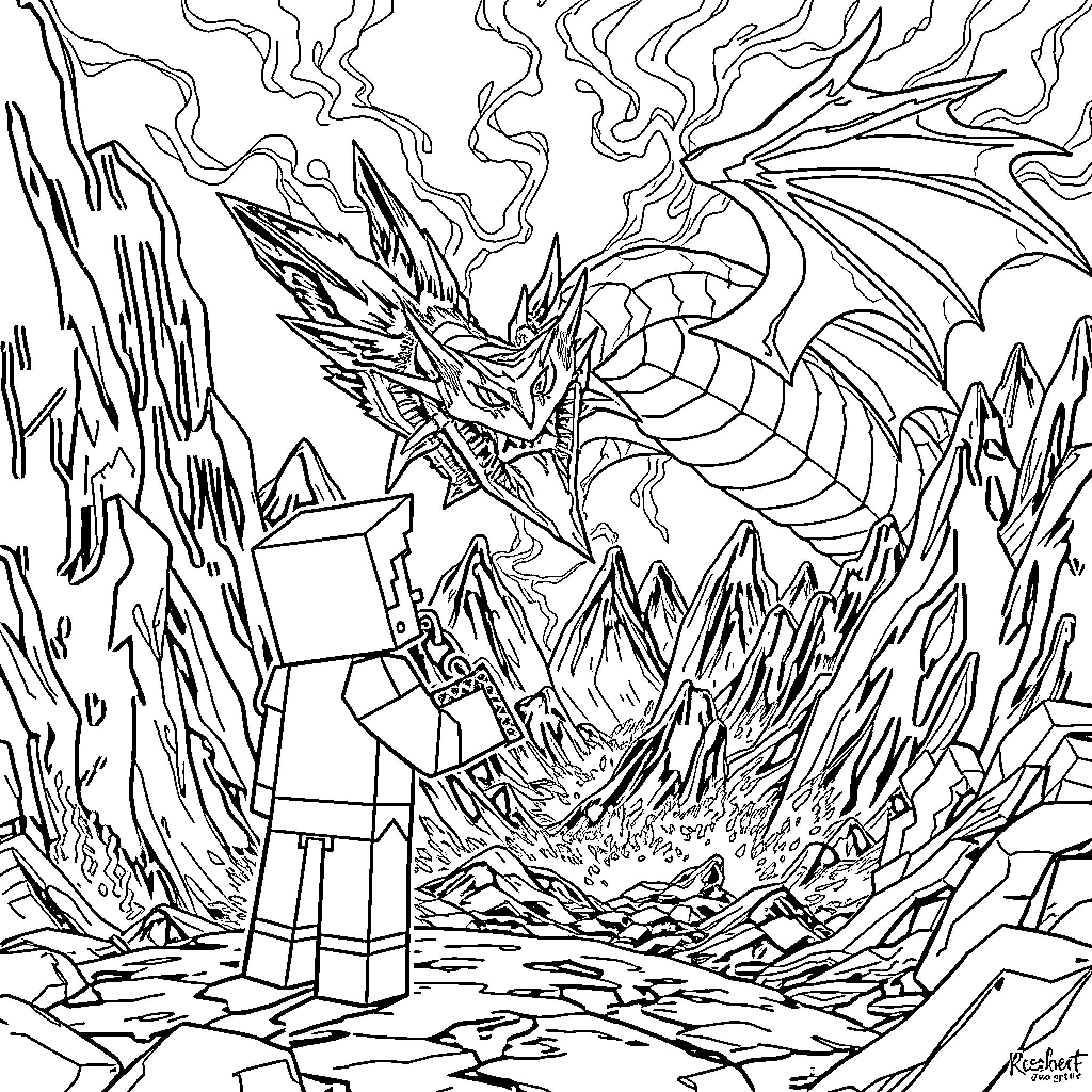 Steve Faces a Ferocious Mythical Dragon Coloring Page (free black-and-white line drawing printable PDF for all, from beginners to advanced learners, including children, teens, adults, and seniors)