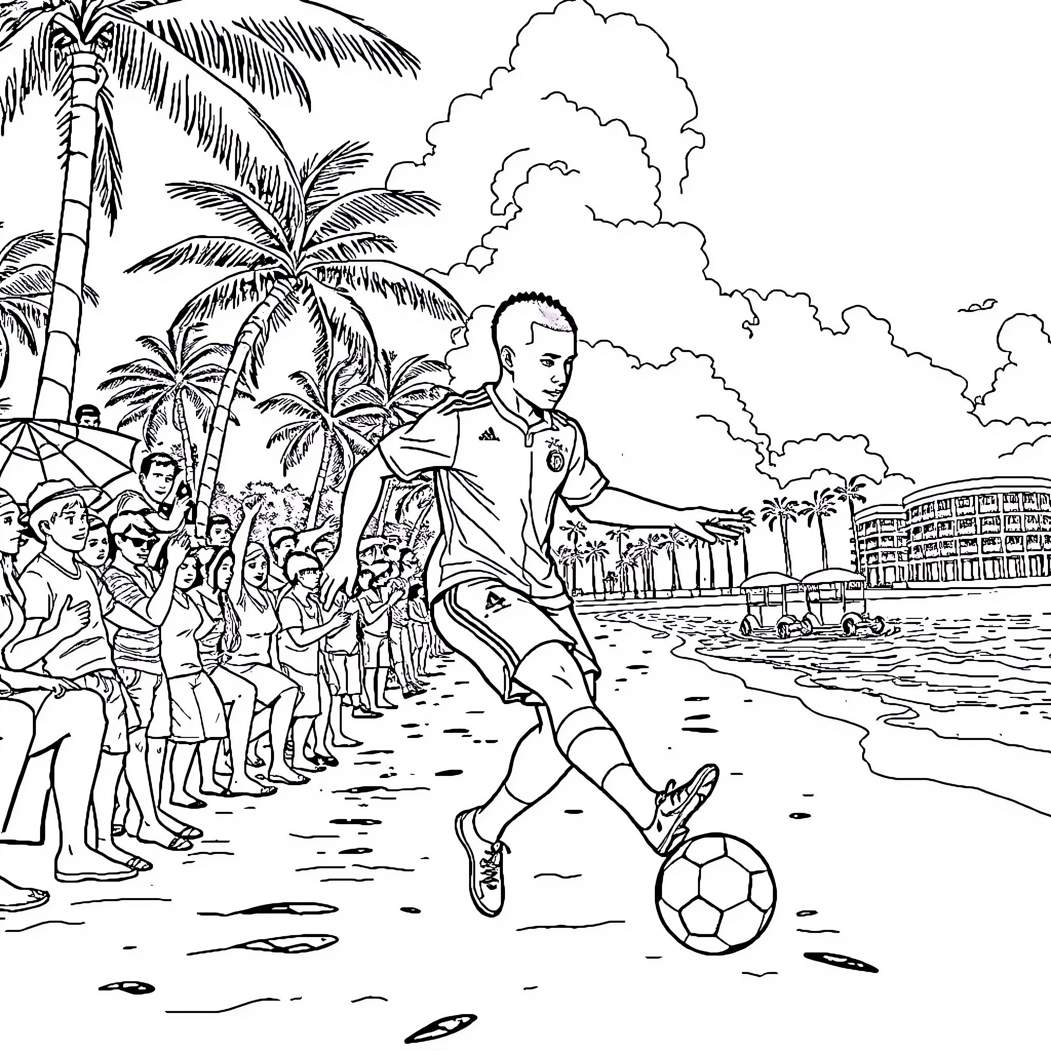 Mbappe playing soccer on the beach with fans Coloring Page (free black-and-white line drawing printable PDF for all, from beginners to advanced learners, including children, teens, adults, and seniors)