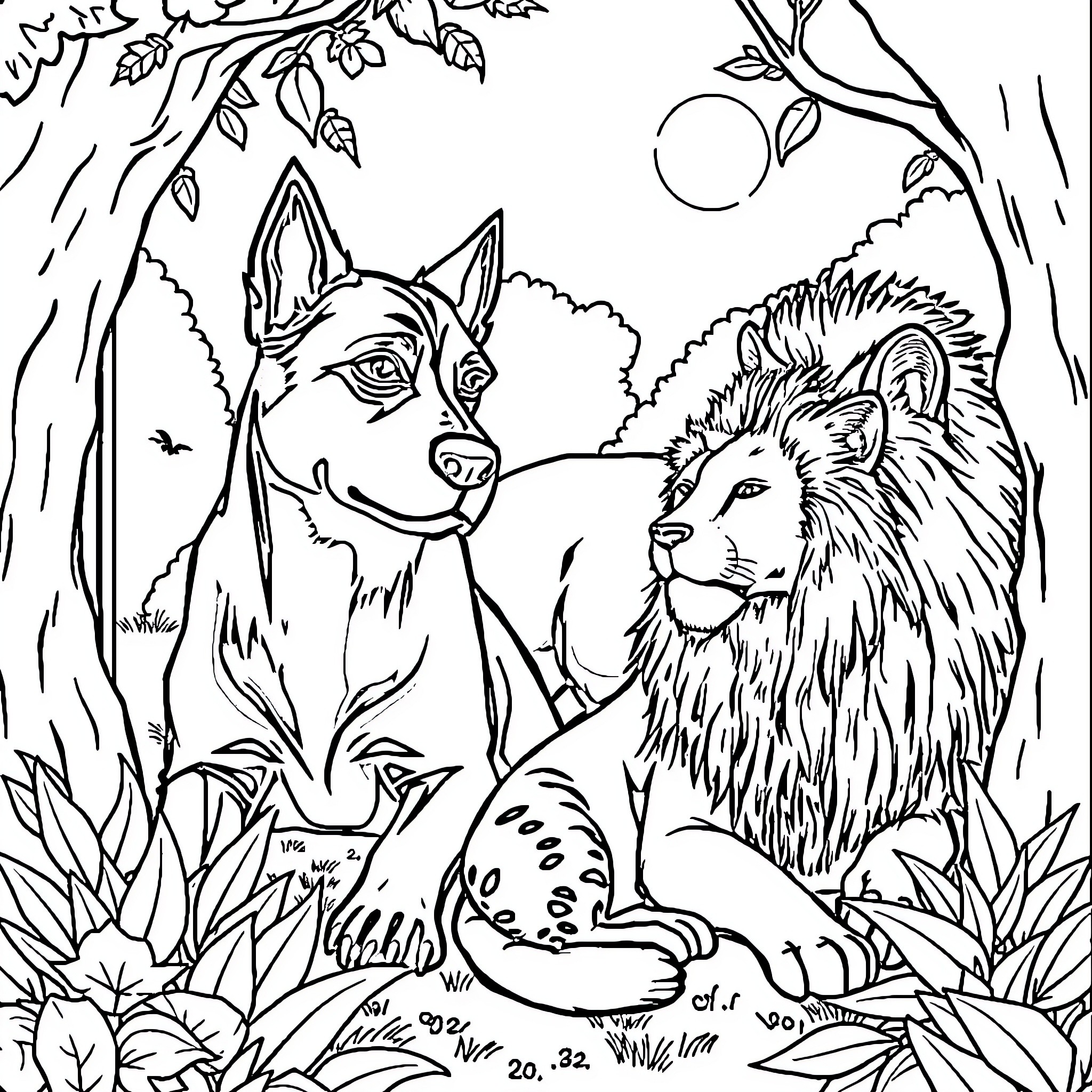 Animal friends in the wilderness at night Coloring Page (free black-and-white line drawing printable PDF for all, from beginners to advanced learners, including children, teens, adults, and seniors)
