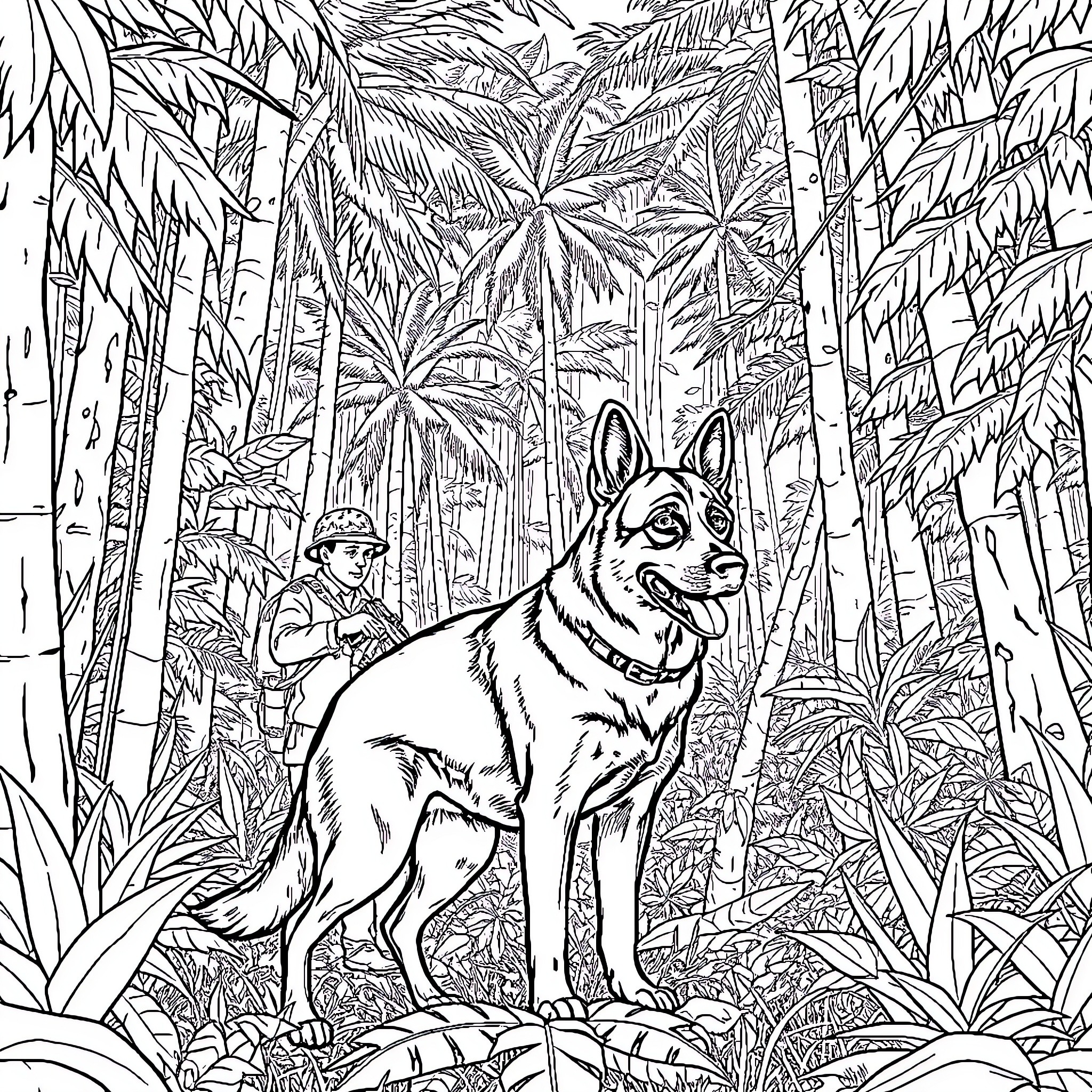 German Shepherd guarding tropical jungle landscape Coloring Page (free black-and-white line drawing printable PDF for all, from beginners to advanced learners, including children, teens, adults, and seniors)