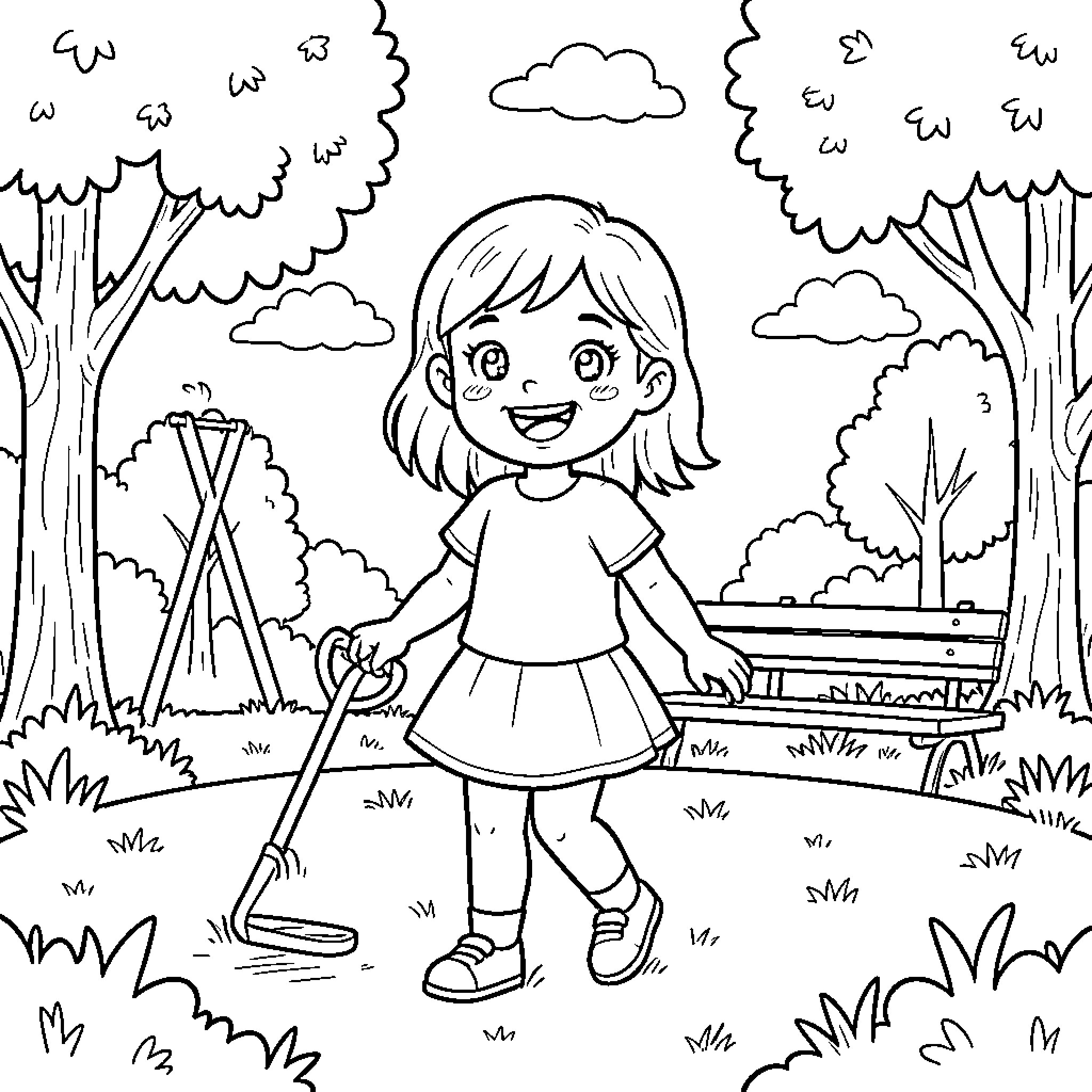 Girl exploring the outdoors with a happy expression Coloring Page (free black-and-white line drawing printable PDF for all, from beginners to advanced learners, including children, teens, adults, and seniors)