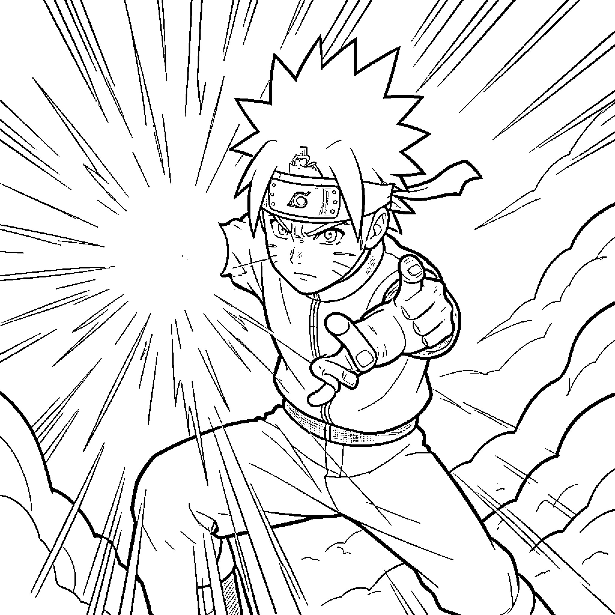 Naruto performing a powerful jutsu with a determined expression Coloring Page (free black-and-white line drawing printable PDF for all, from beginners to advanced learners, including children, teens, adults, and seniors)