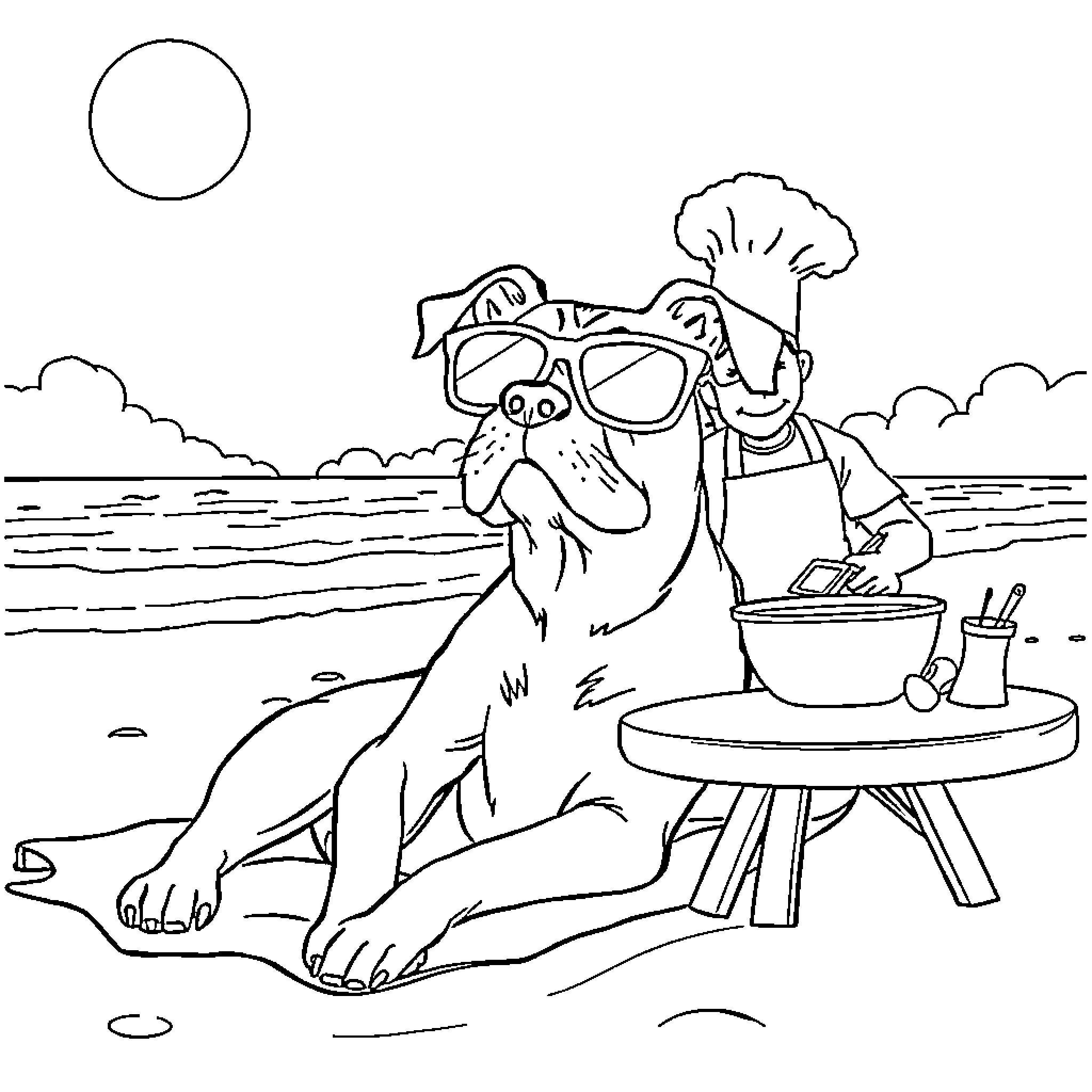 Perro taking a break on the beach Coloring Page (free black-and-white line drawing printable PDF for all, from beginners to advanced learners, including children, teens, adults, and seniors)