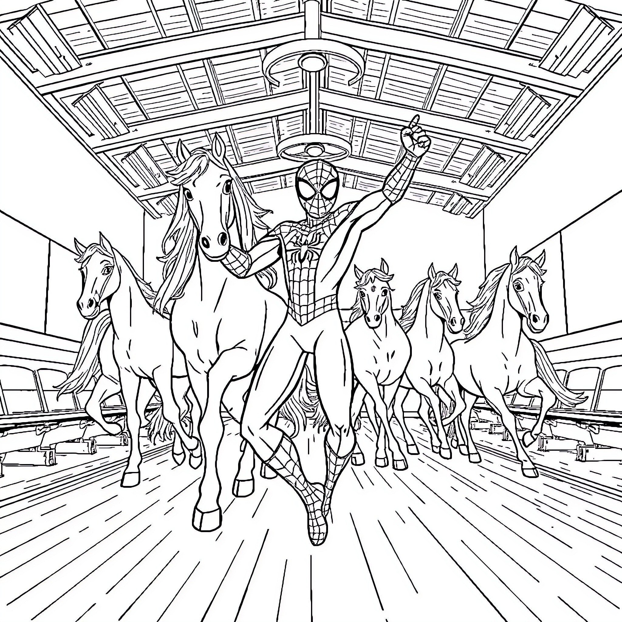 Spiderman leading a herd of horses in an old barn Coloring Page (free black-and-white line drawing printable PDF for all, from beginners to advanced learners, including children, teens, adults, and seniors)