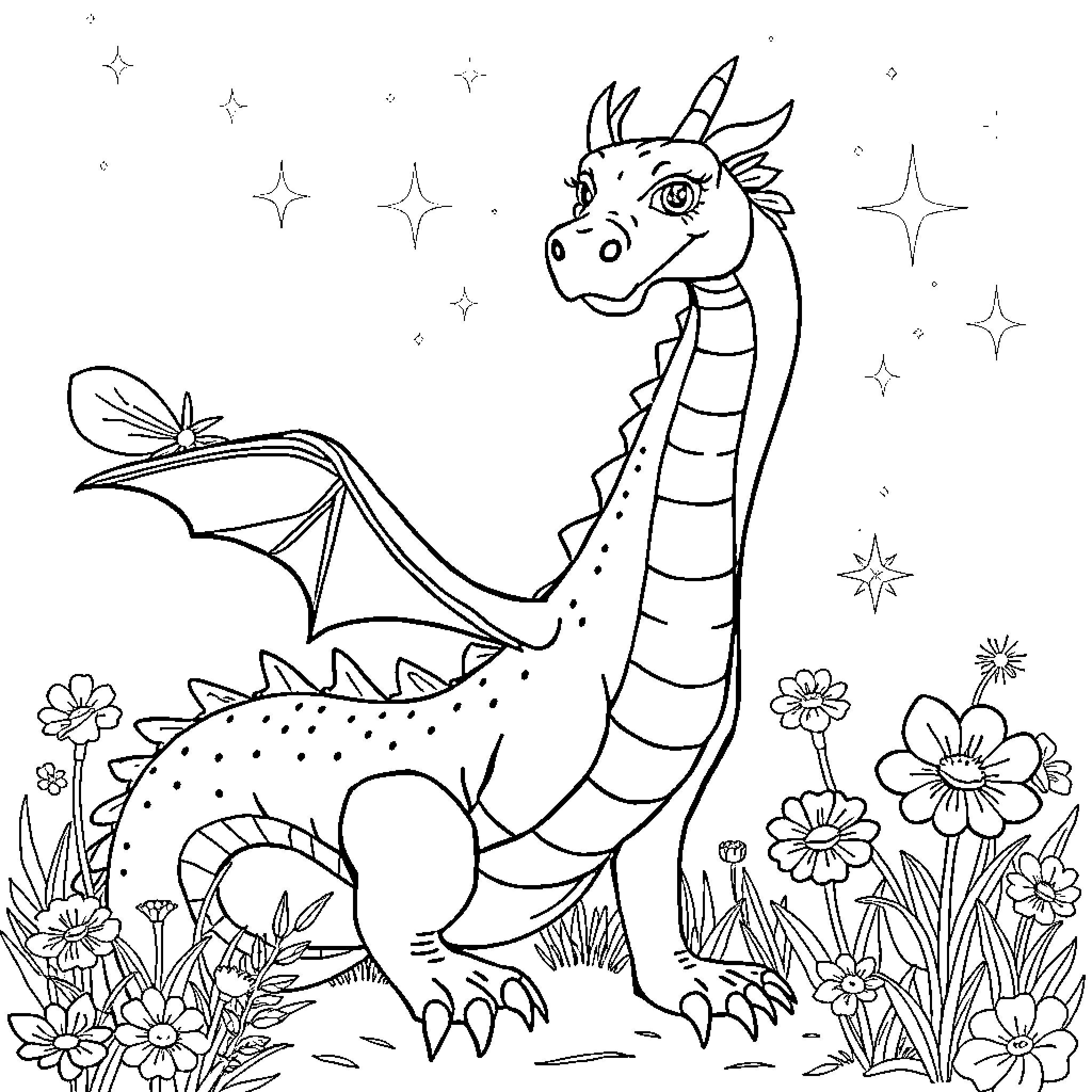 Dragon soaring amidst whimsical flowers and stars Coloring Page (free black-and-white line drawing printable PDF for all, from beginners to advanced learners, including children, teens, adults, and seniors)