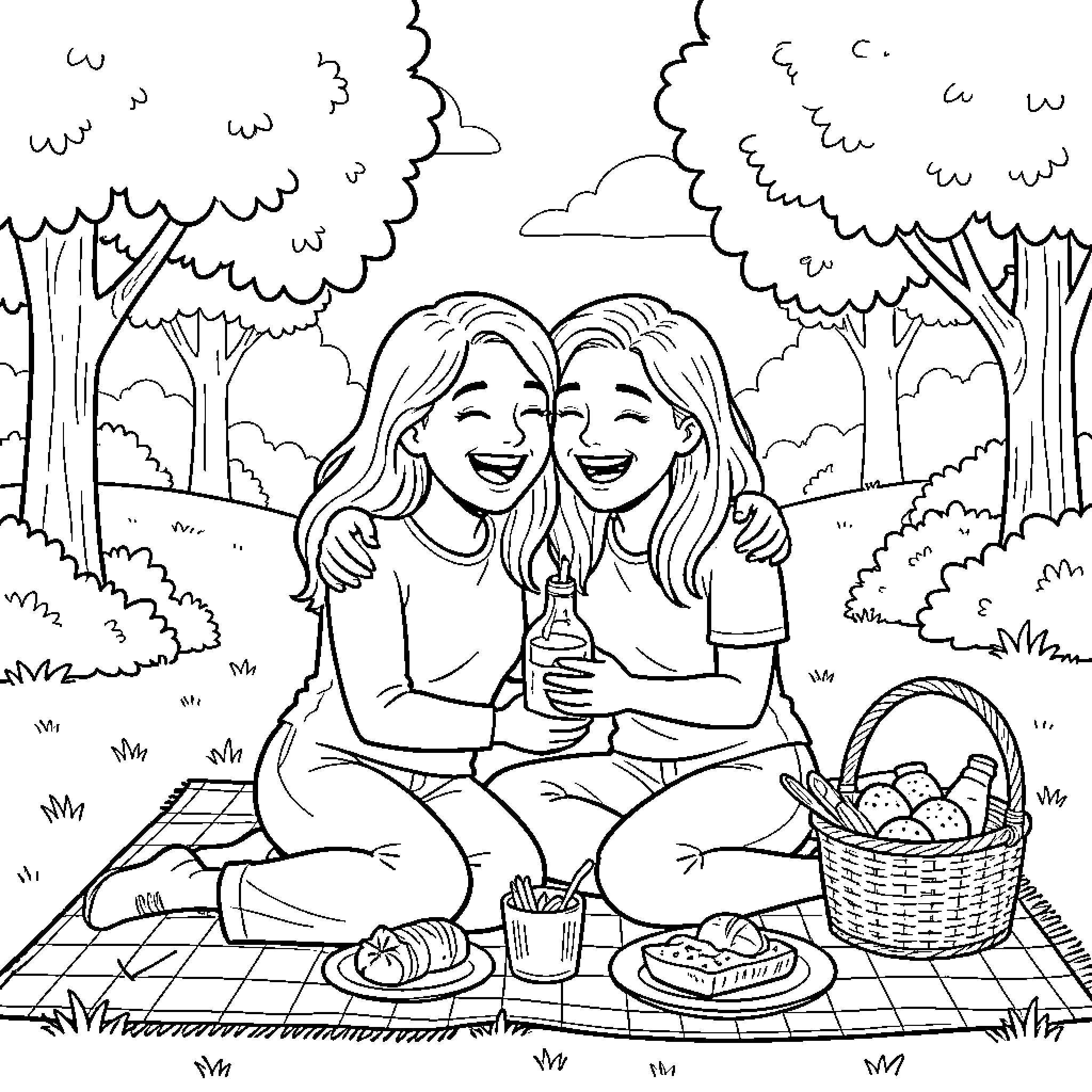 Couple enjoying a picnic in the park Coloring Page (free black-and-white line drawing printable PDF for all, from beginners to advanced learners, including children, teens, adults, and seniors)