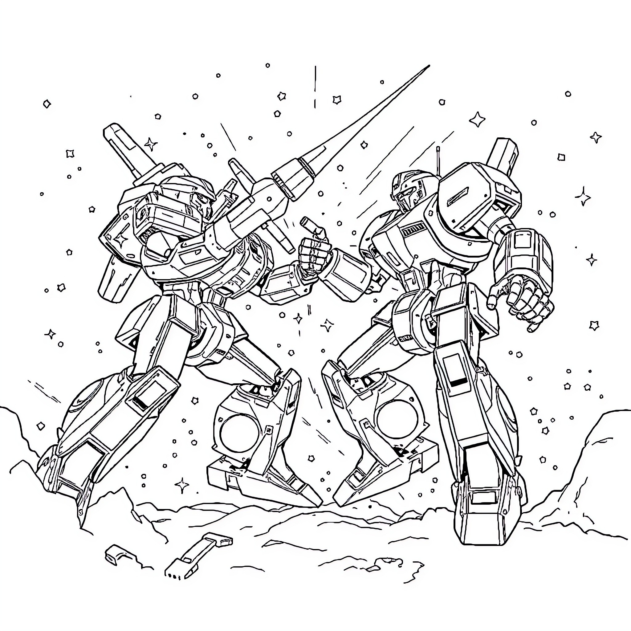 Mech Warriors Battling in Outer Space Coloring Page (free black-and-white line drawing printable PDF for all, from beginners to advanced learners, including children, teens, adults, and seniors)