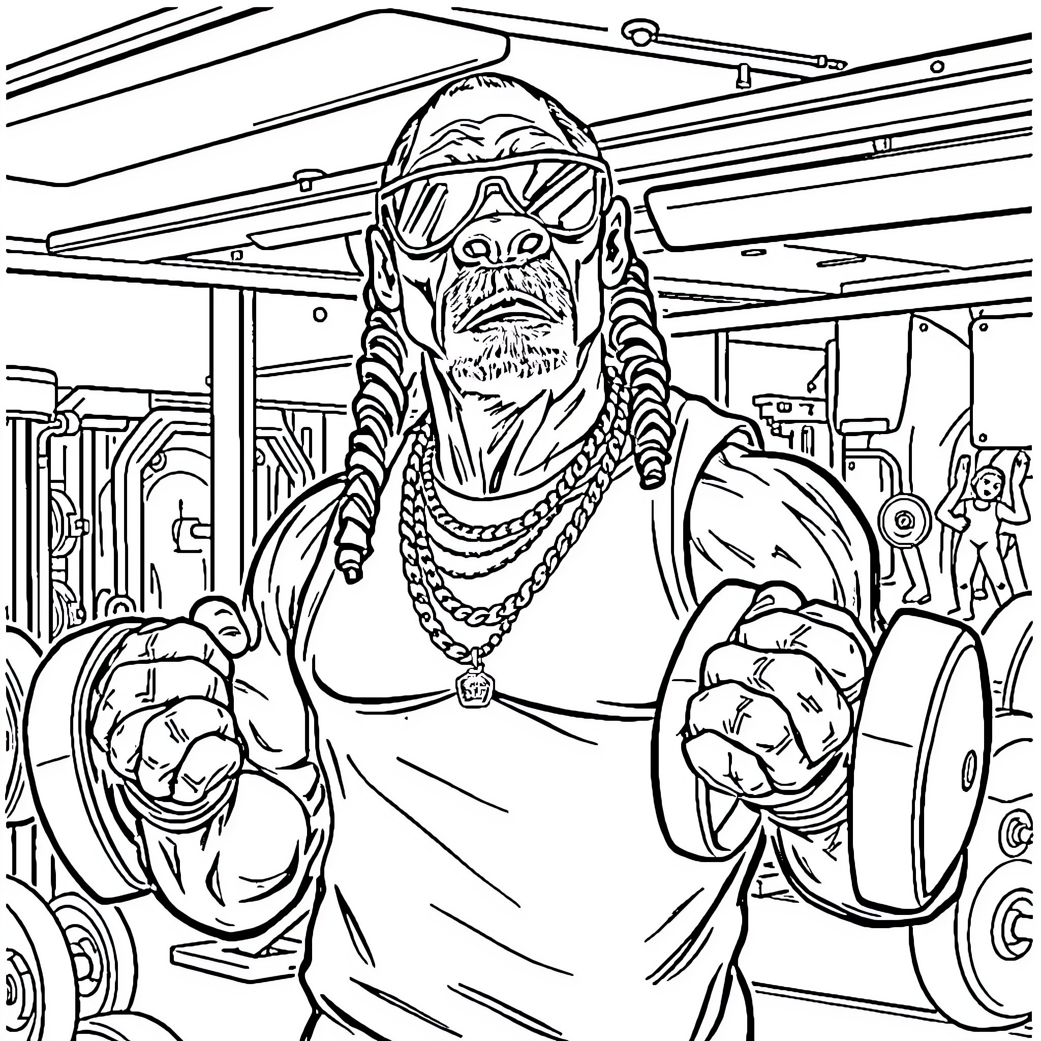 Snoop Dog Flexing His Muscles in the Gym Coloring Page (free black-and-white line drawing printable PDF for all, from beginners to advanced learners, including children, teens, adults, and seniors)