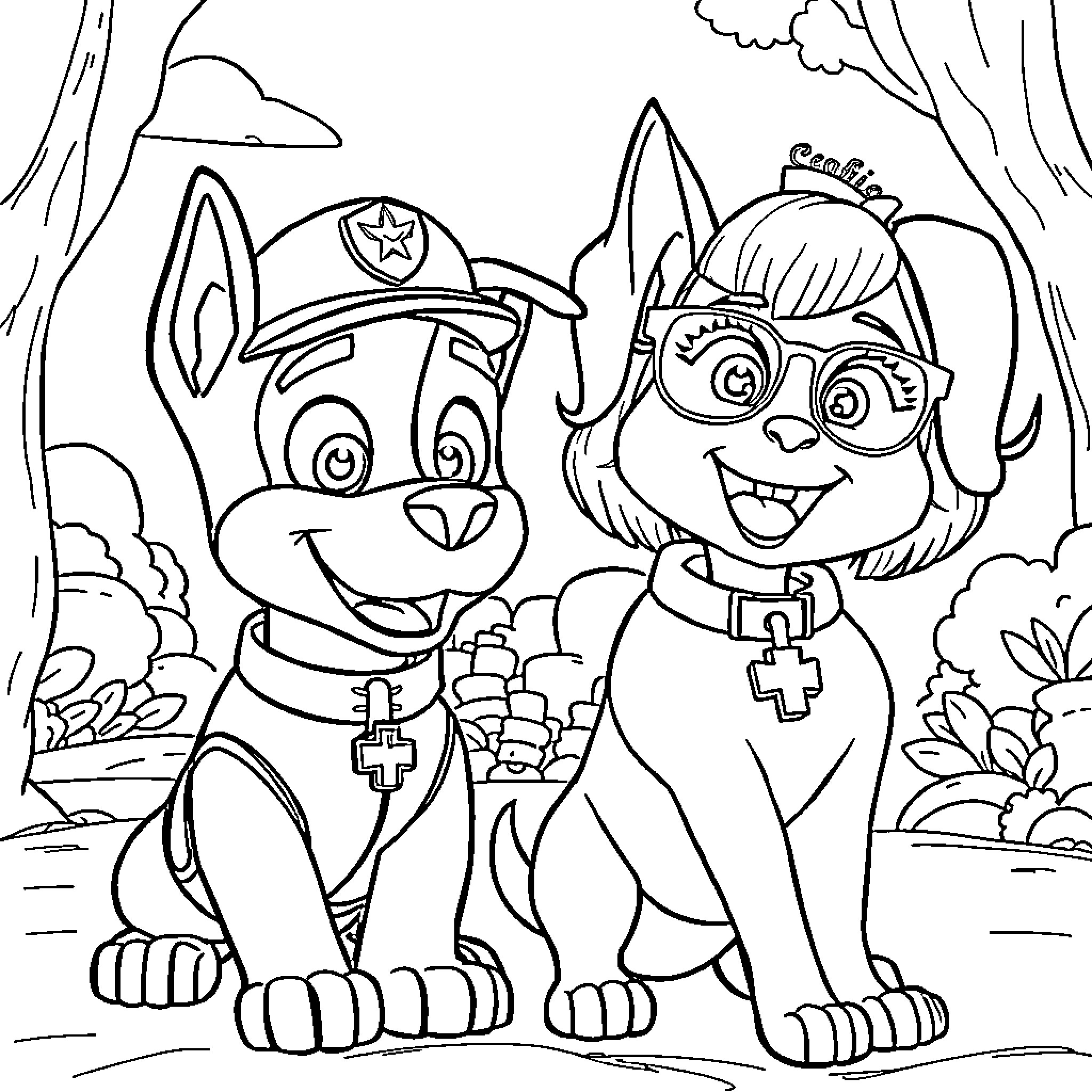 Chase through the forest with two friendly pups Coloring Page (free black-and-white line drawing printable PDF for all, from beginners to advanced learners, including children, teens, adults, and seniors)