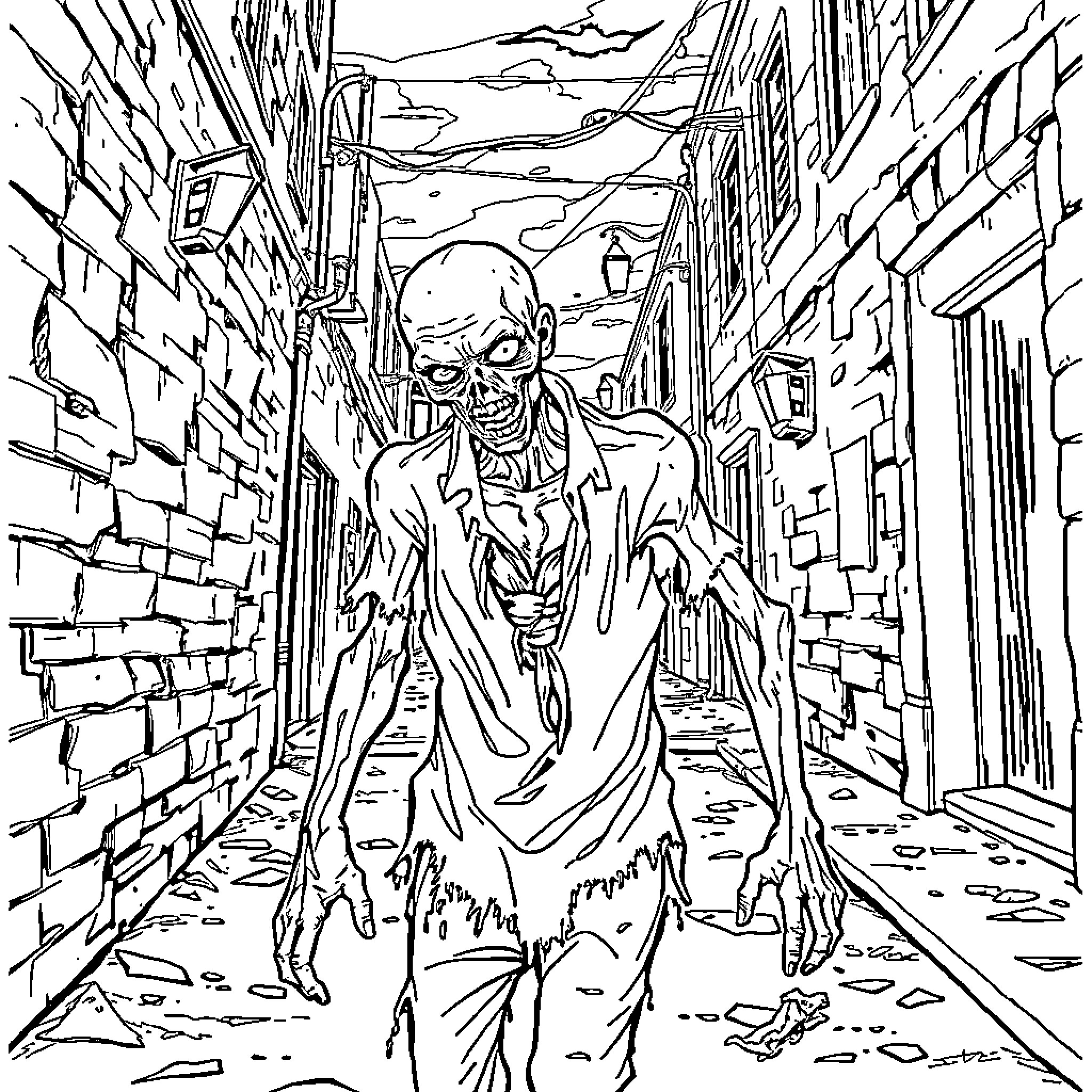 Zombie stalking through a dilapidated urban alley Coloring Page (free black-and-white line drawing printable PDF for all, from beginners to advanced learners, including children, teens, adults, and seniors)