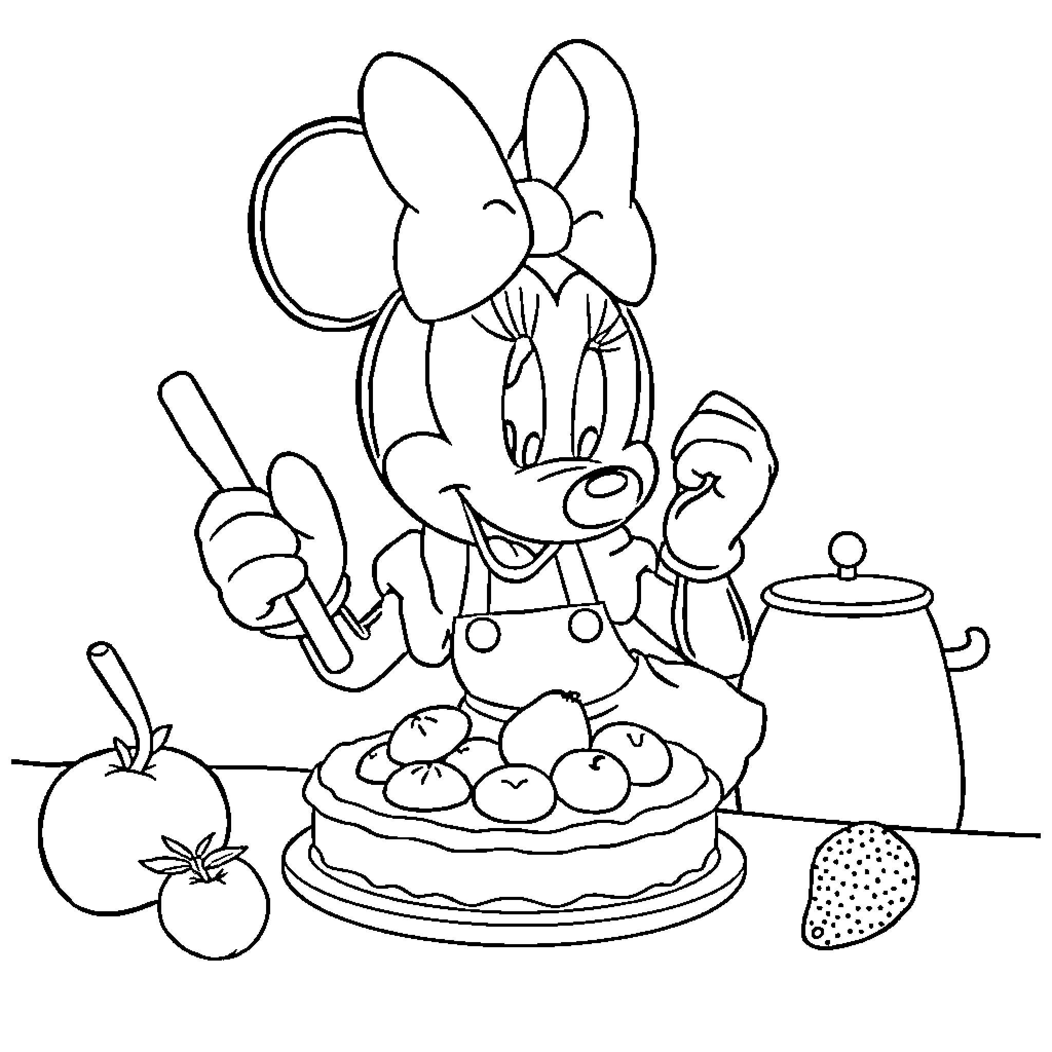Minnie baking a pie with her friends Coloring Page (free black-and-white line drawing printable PDF for all, from beginners to advanced learners, including children, teens, adults, and seniors)