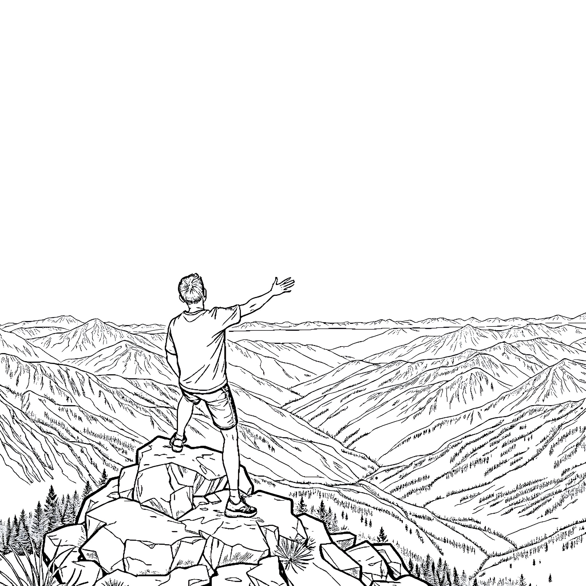 Frisbee thrower enjoys scenic mountain views Coloring Page (free black-and-white line drawing printable PDF for all, from beginners to advanced learners, including children, teens, adults, and seniors)