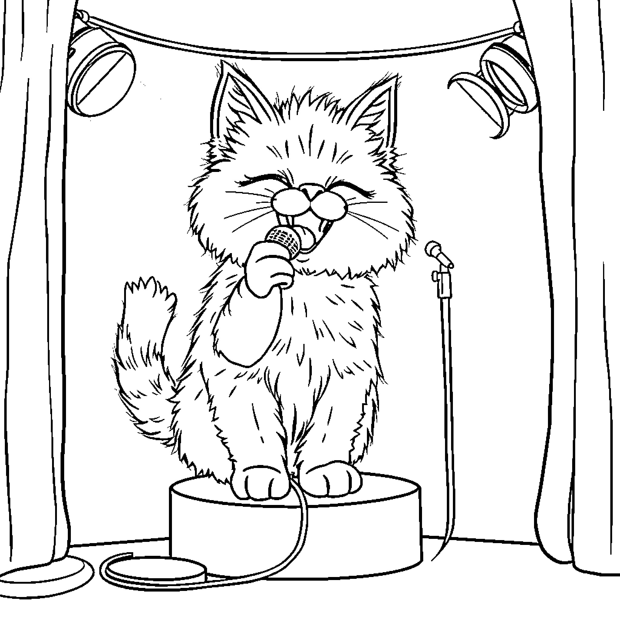 Cat Performing on Stage Coloring Page (free black-and-white line drawing printable PDF for all, from beginners to advanced learners, including children, teens, adults, and seniors)