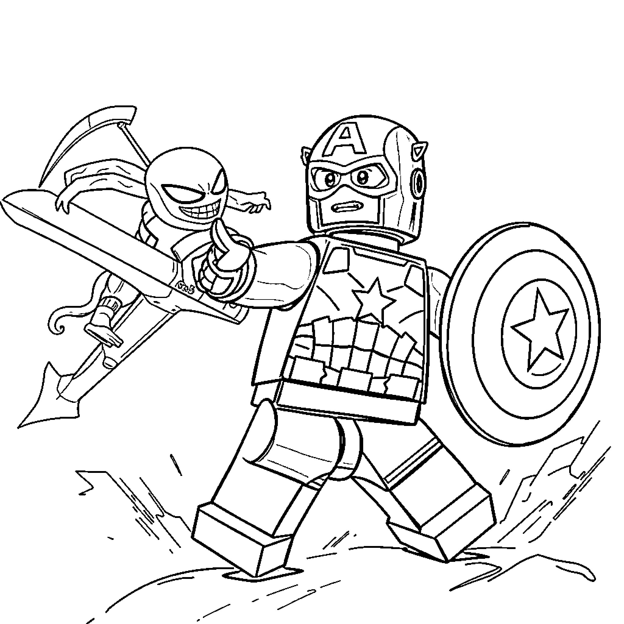 Captain America and Spider-Man in Action Poses Coloring Page (free black-and-white line drawing printable PDF for all, from beginners to advanced learners, including children, teens, adults, and seniors)