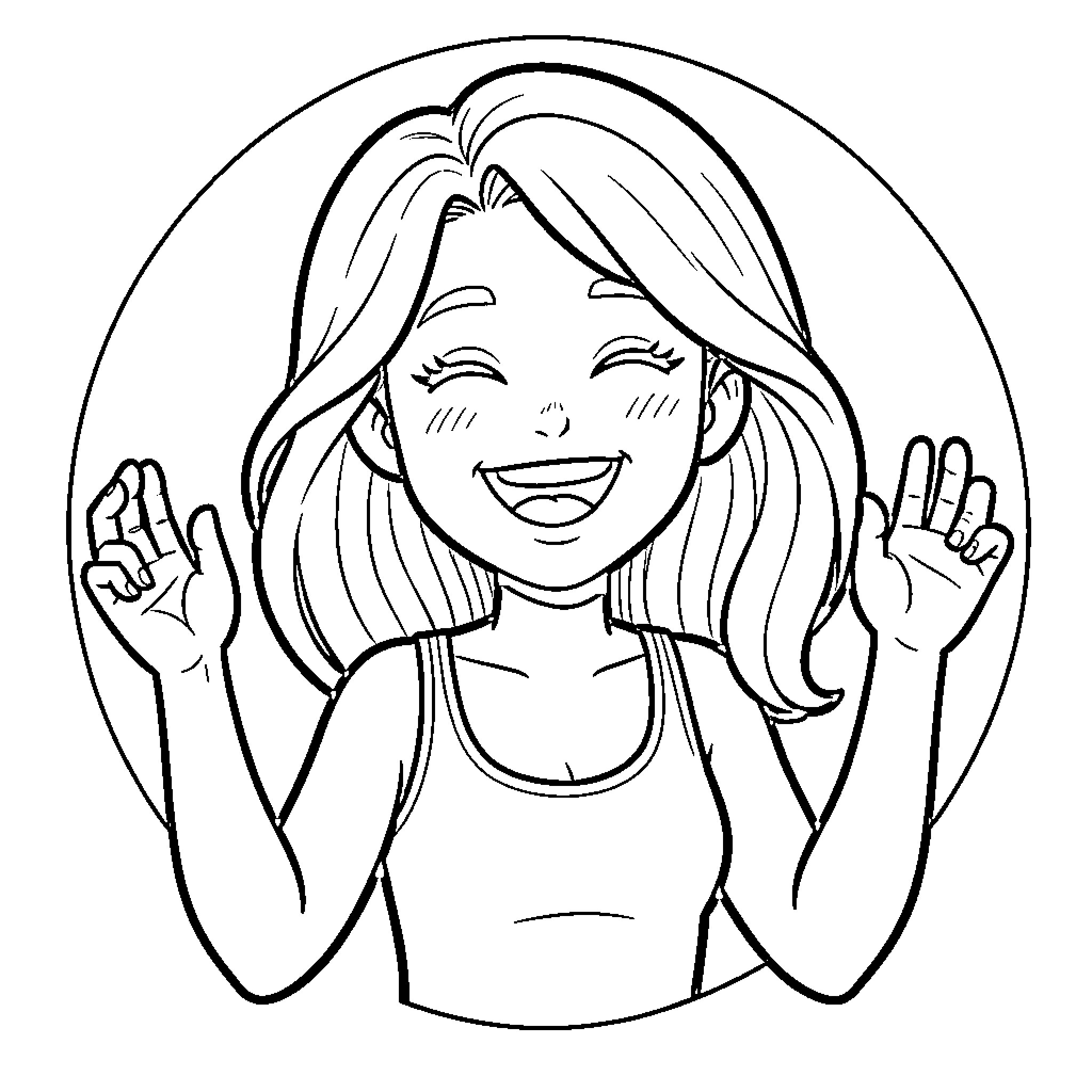 Bobbie laughing joyfully with arms raised high Coloring Page (free black-and-white line drawing printable PDF for all, from beginners to advanced learners, including children, teens, adults, and seniors)