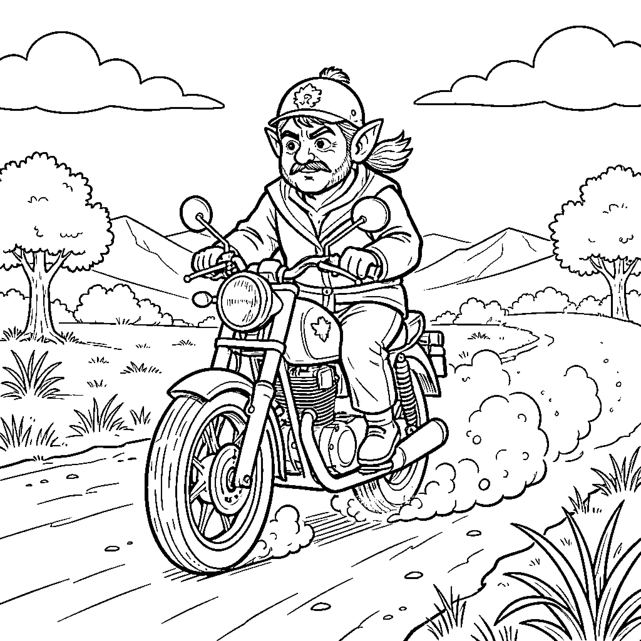 Bumba riding a motorcycle through a scenic landscape Coloring Page (free black-and-white line drawing printable PDF for all, from beginners to advanced learners, including children, teens, adults, and seniors)