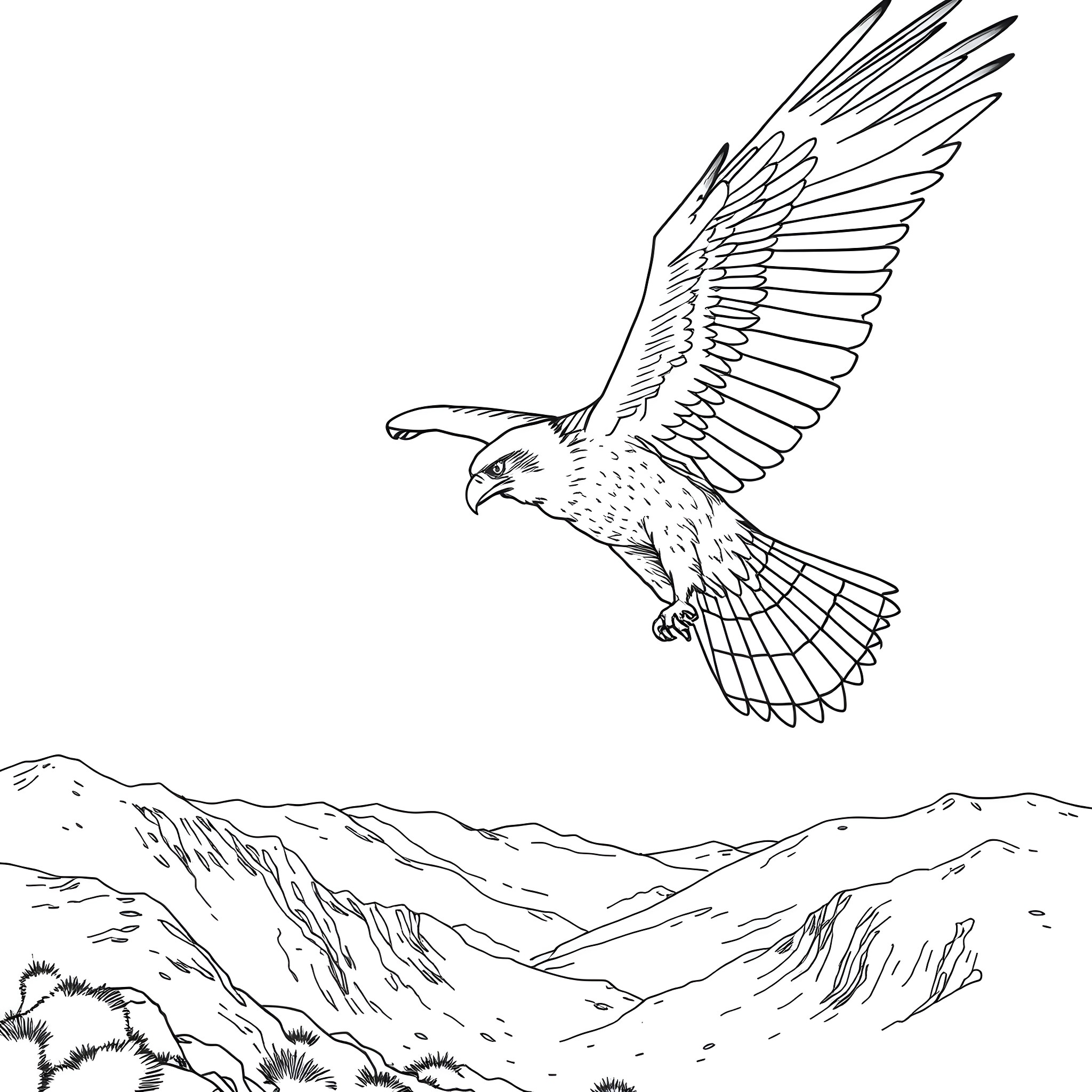 Woman soaring over majestic mountain landscape Coloring Page (free black-and-white line drawing printable PDF for all, from beginners to advanced learners, including children, teens, adults, and seniors)