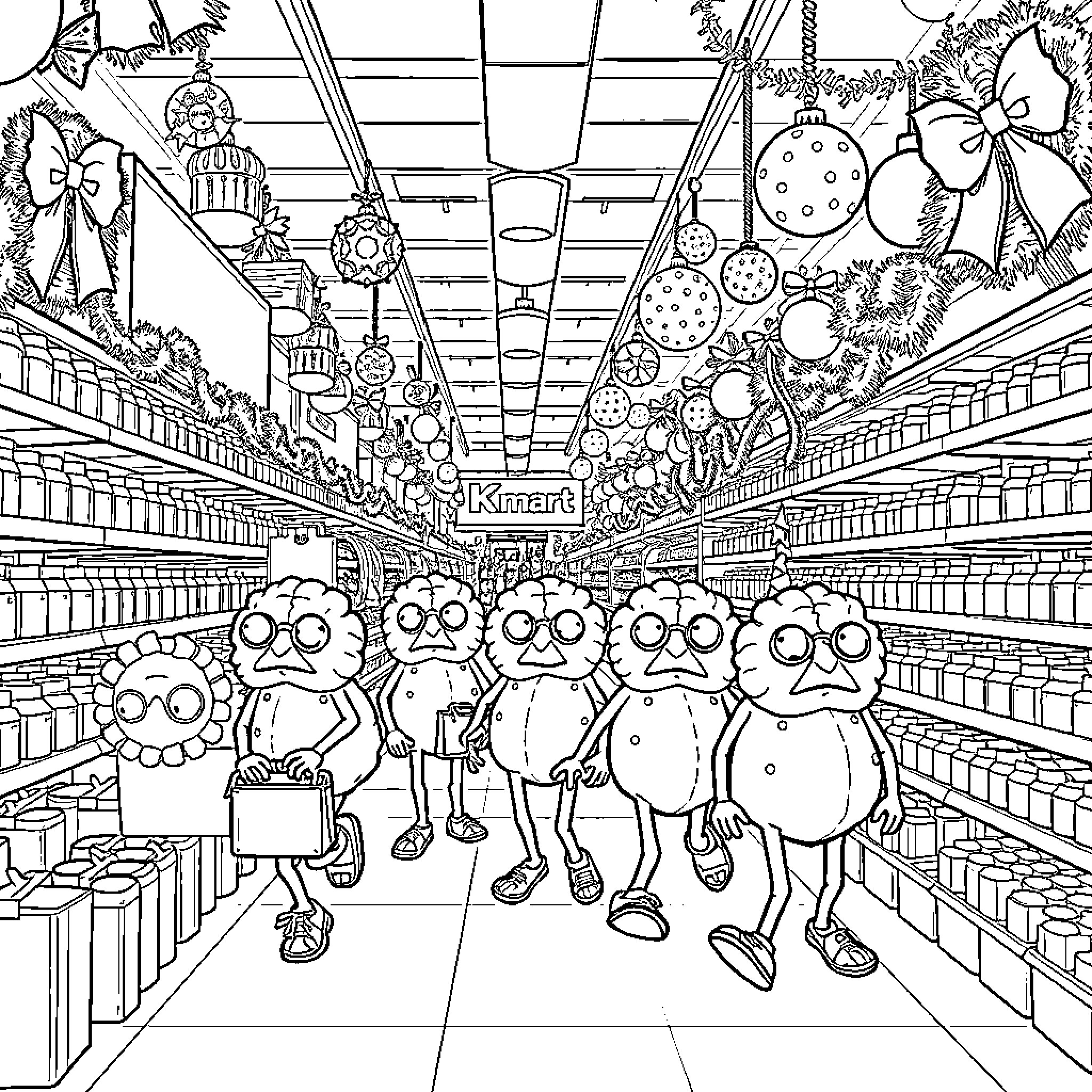 Brainrot: Chaotic creatures in the grocery aisle Coloring Page (free black-and-white line drawing printable PDF for all, from beginners to advanced learners, including children, teens, adults, and seniors)